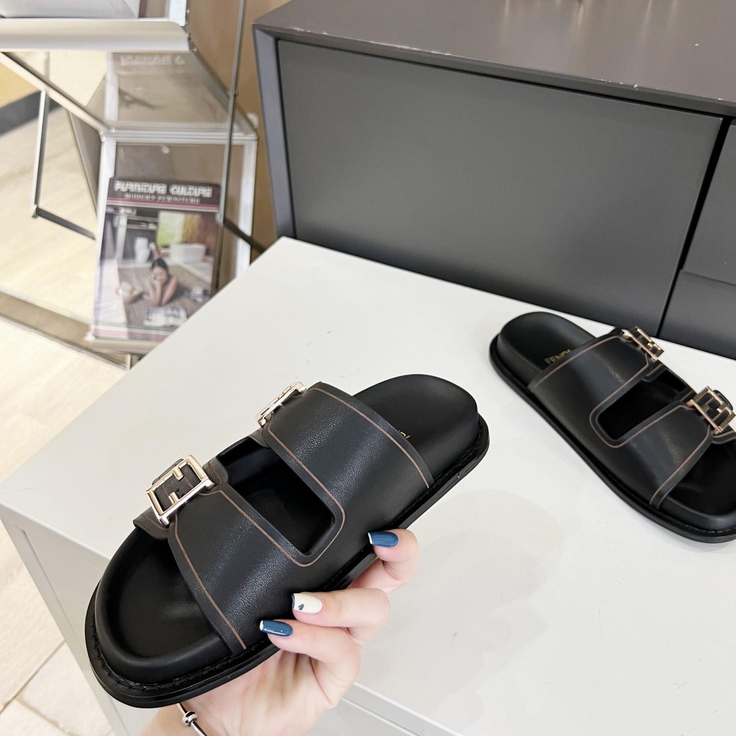 Fendi Feel Black Leather Slides - PerfectKickZ