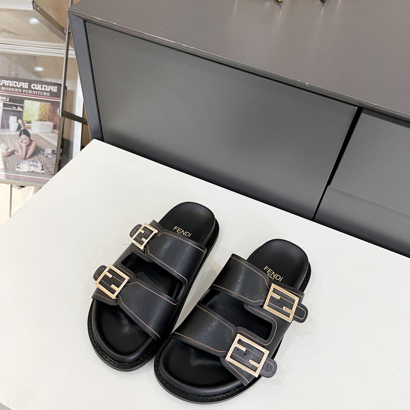 Fendi Feel Black Leather Slides - PerfectKickZ