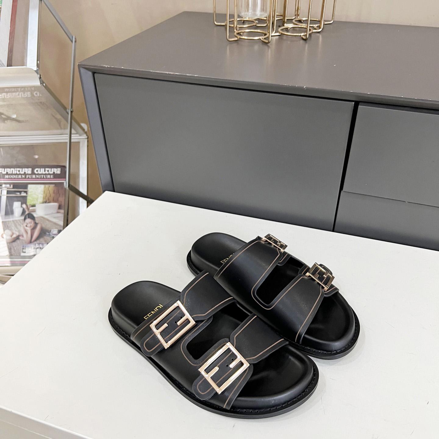 Fendi Feel Black Leather Slides - PerfectKickZ