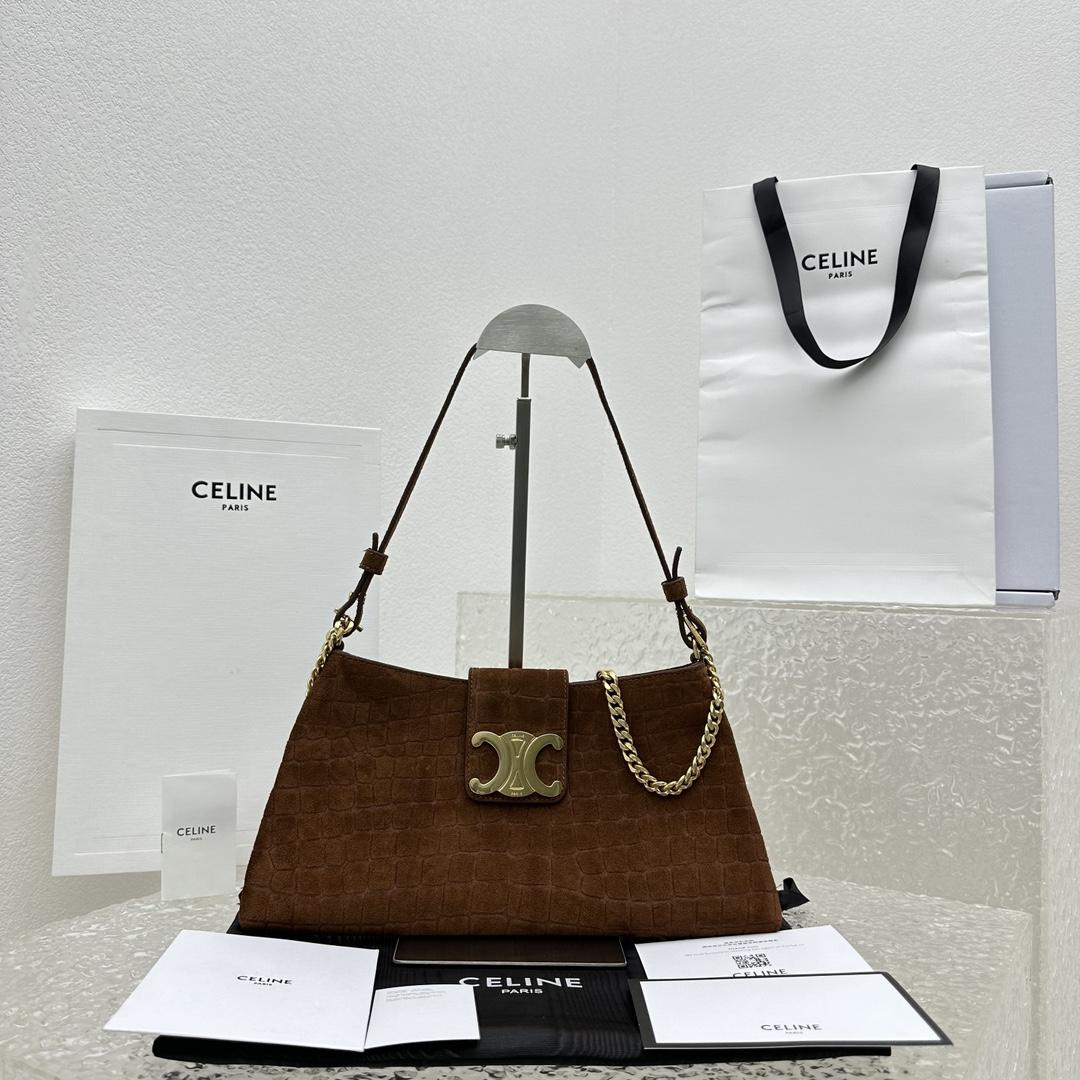 Celine Wiltern Clutch Triomphe Soft In Crocodile Embossed Suede Calfskin Brown  - PerfectKickZ