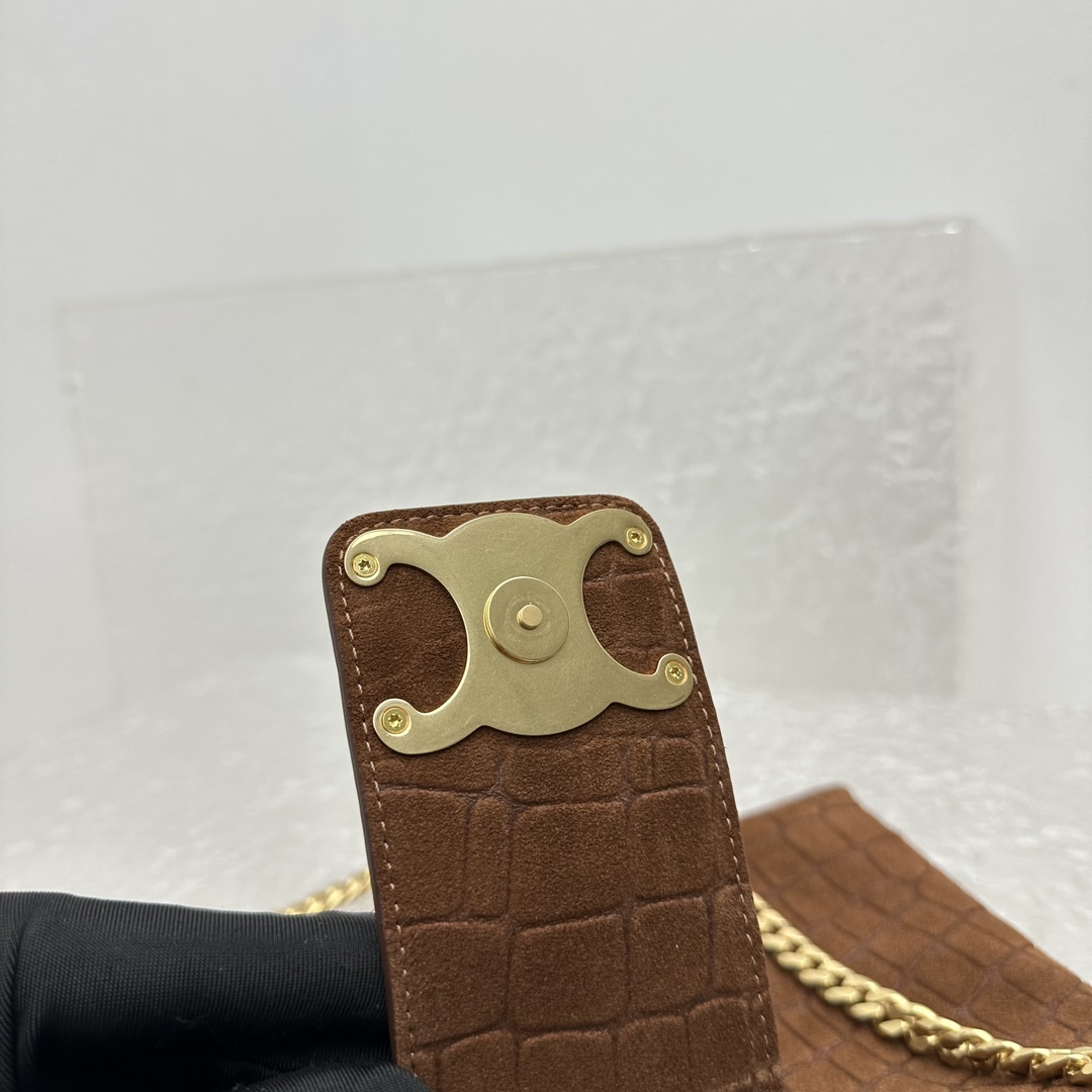 Celine Wiltern Clutch Triomphe Soft In Crocodile Embossed Suede Calfskin Brown  - PerfectKickZ