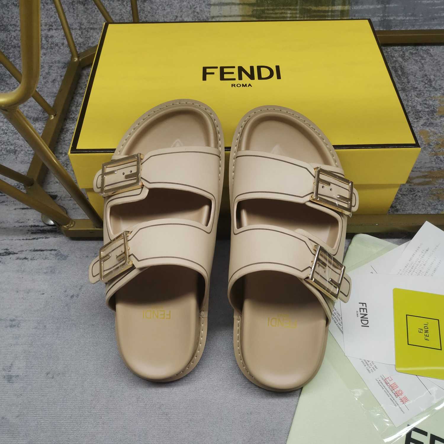 Fendi Feel Beige Leather Slides - PerfectKickZ