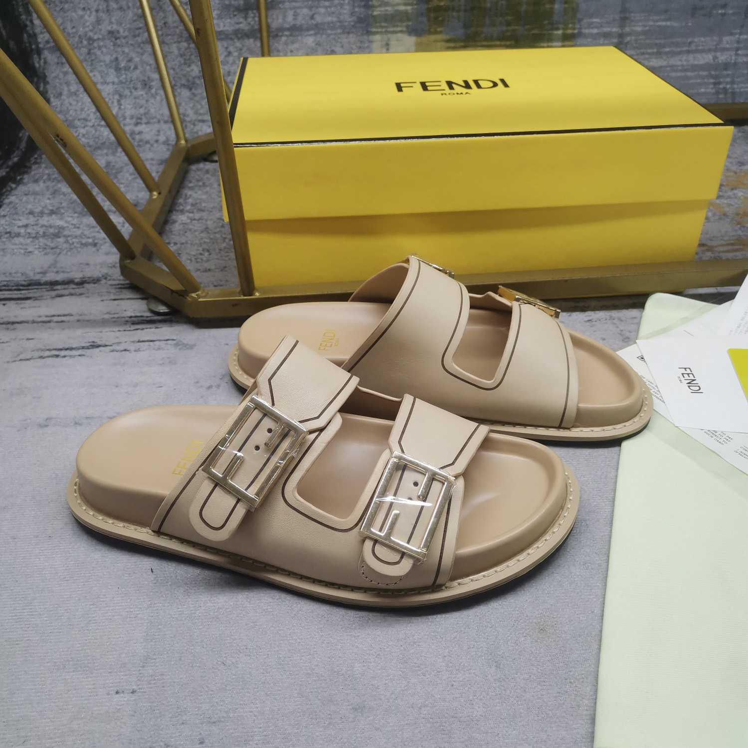 Fendi Feel Beige Leather Slides - PerfectKickZ