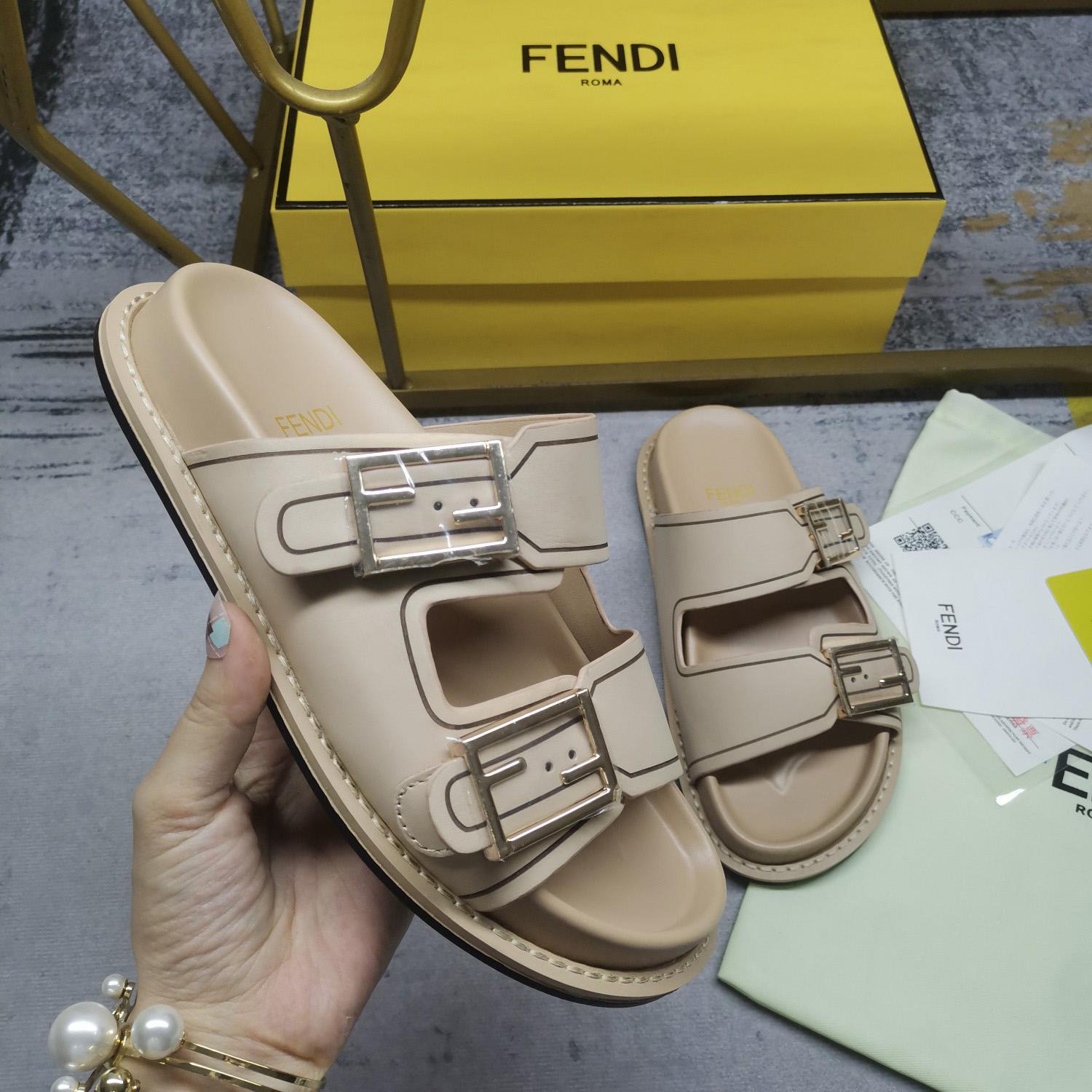Fendi Feel Beige Leather Slides - PerfectKickZ