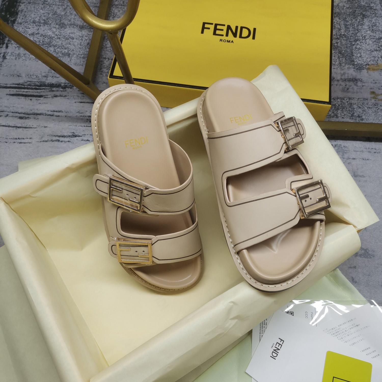 Fendi Feel Beige Leather Slides - PerfectKickZ
