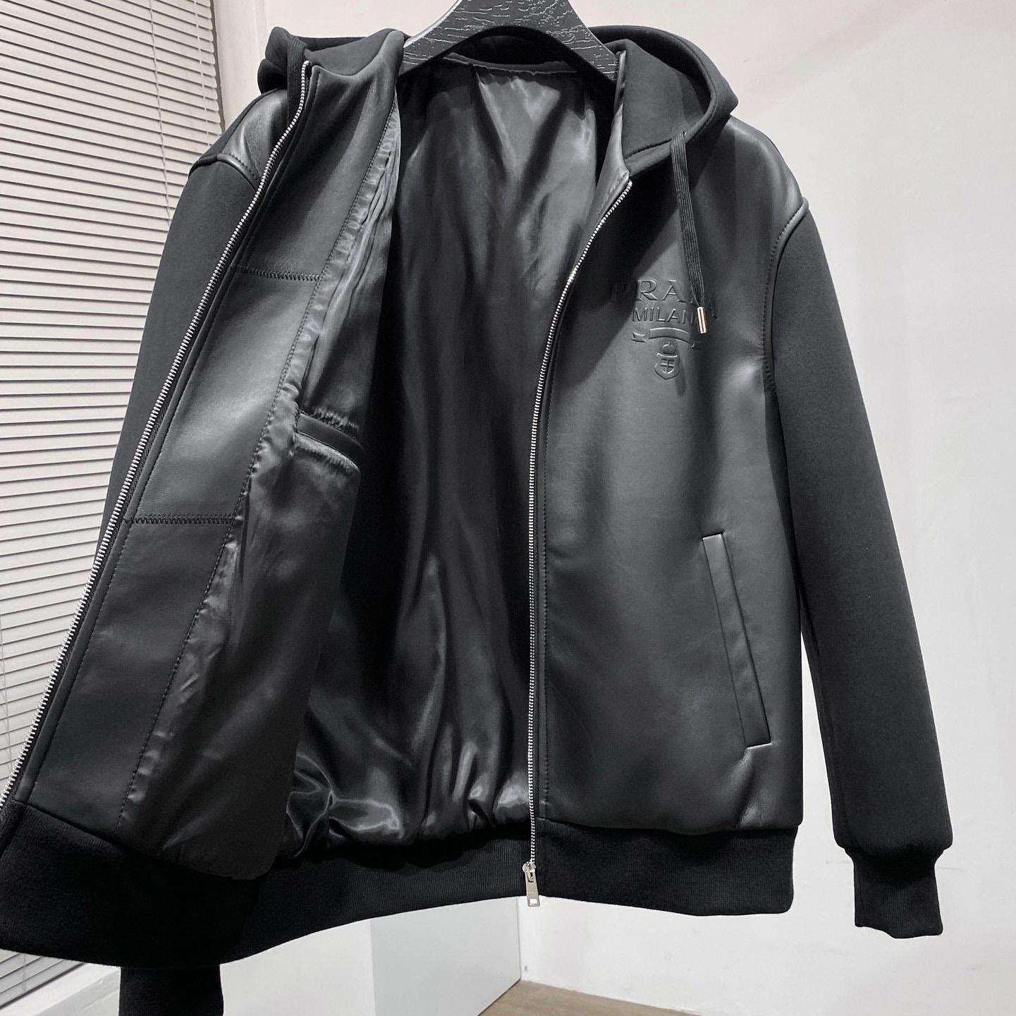 Prada Technical Fleece And Leather Hoodie Jacket - PerfectKickZ