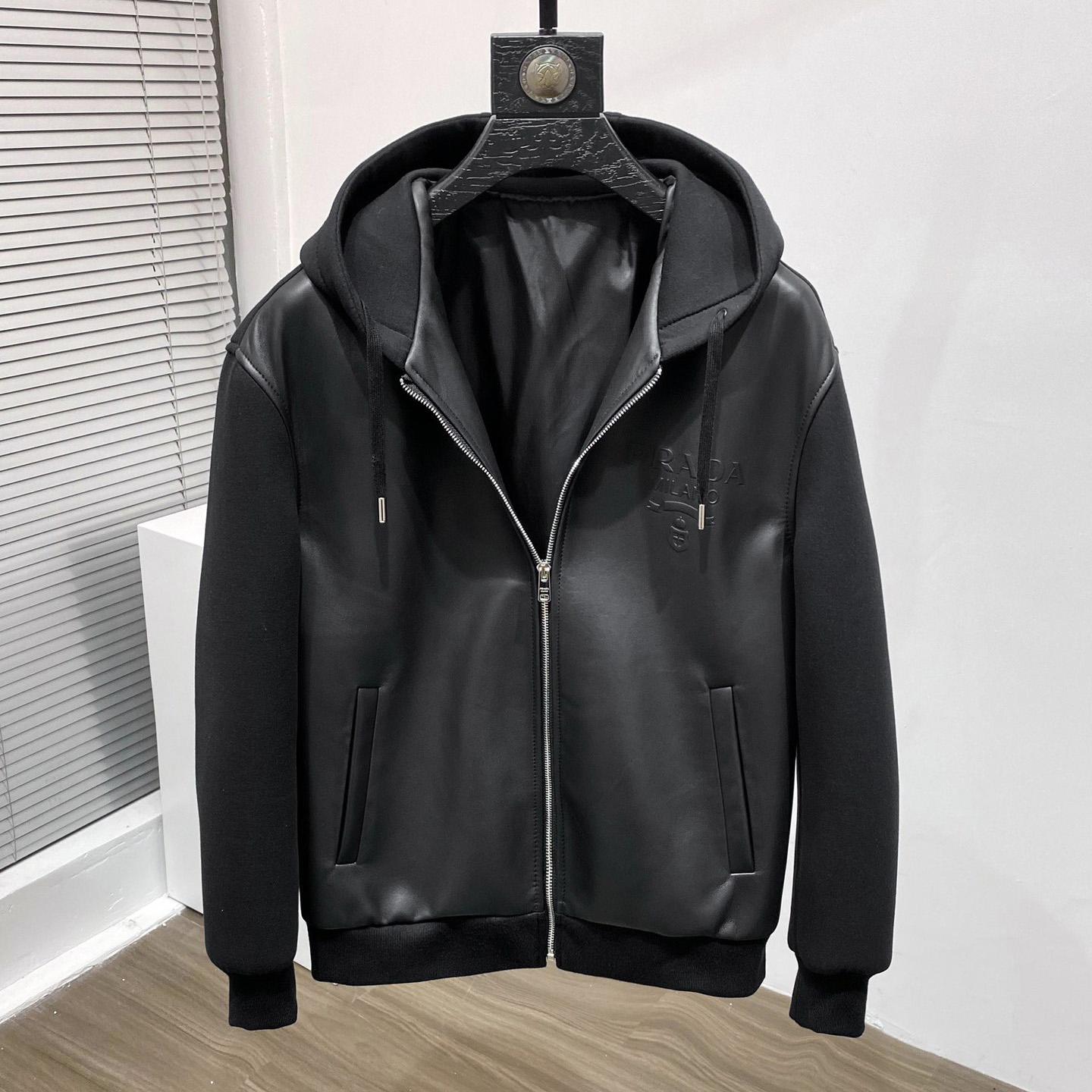 Prada Technical Fleece And Leather Hoodie Jacket - PerfectKickZ
