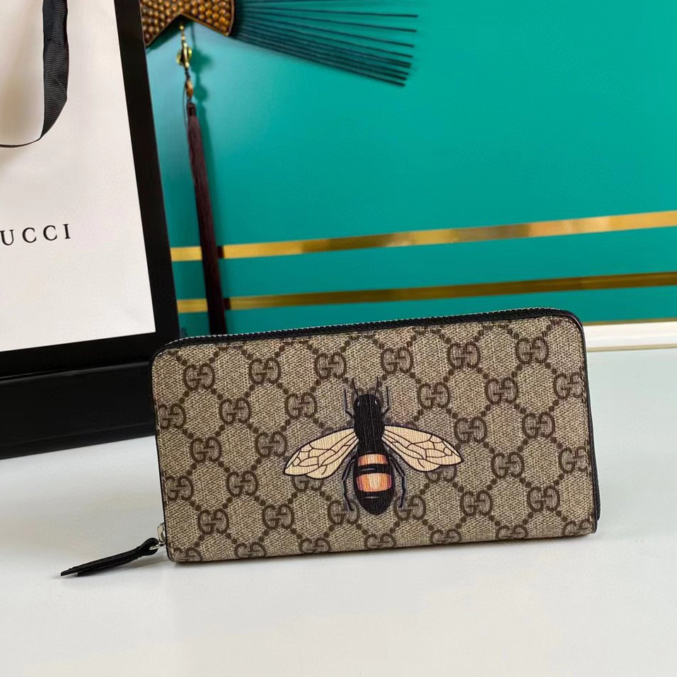 Gucci Bee Print GG Supreme Zip Around Wallet (19*10.5*2.5cm) - PerfectKickZ