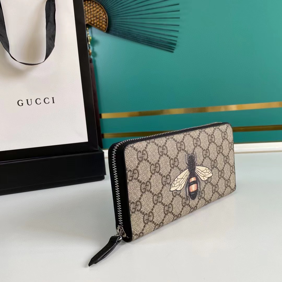 Gucci Bee Print GG Supreme Zip Around Wallet (19*10.5*2.5cm) - PerfectKickZ