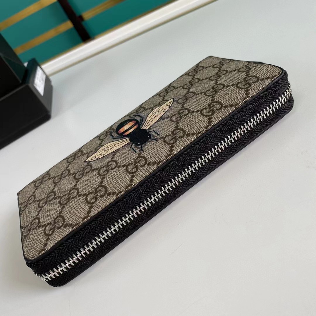 Gucci Bee Print GG Supreme Zip Around Wallet (19*10.5*2.5cm) - PerfectKickZ