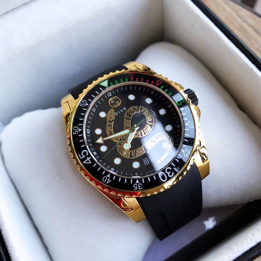 Gucci Dive Gold Tone Black Dial Rubber Strap Men's Watch - PerfectKickZ