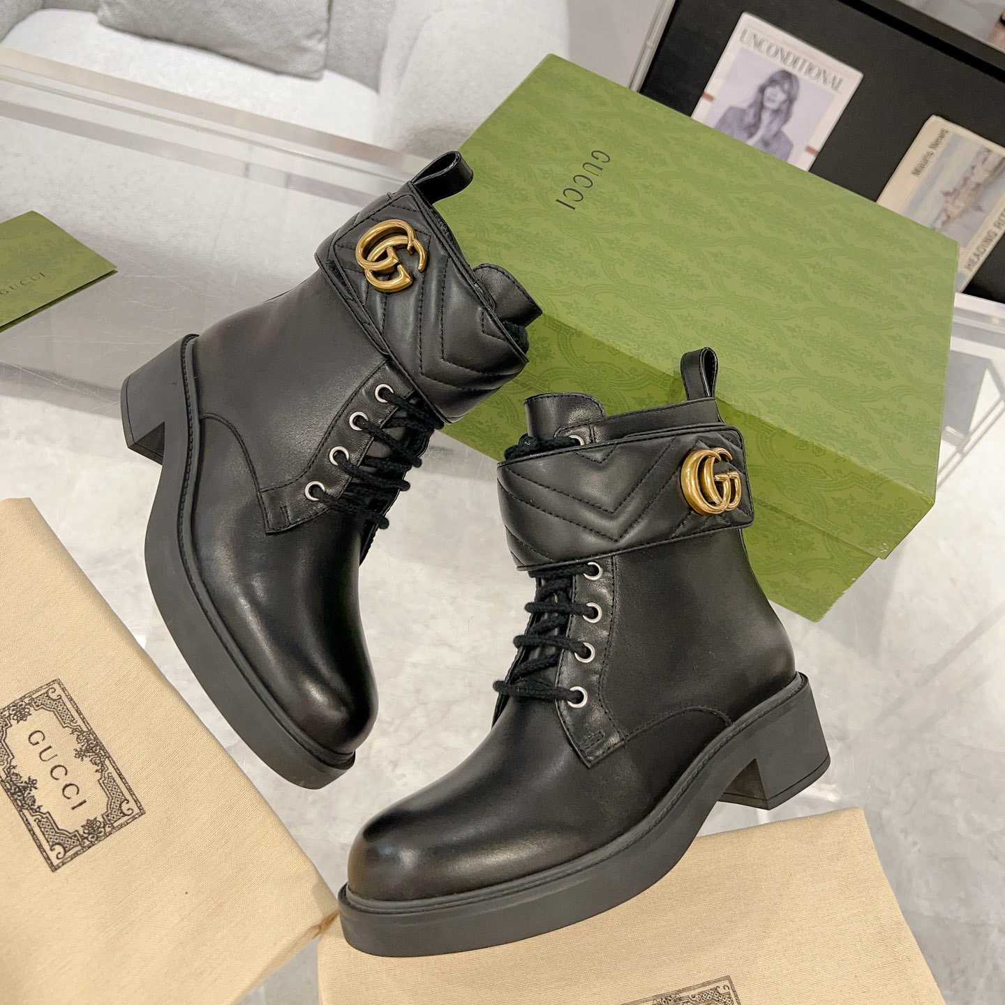 Gucci Marmont Logo-embellished Leather Ankle Boots  - PerfectKickZ