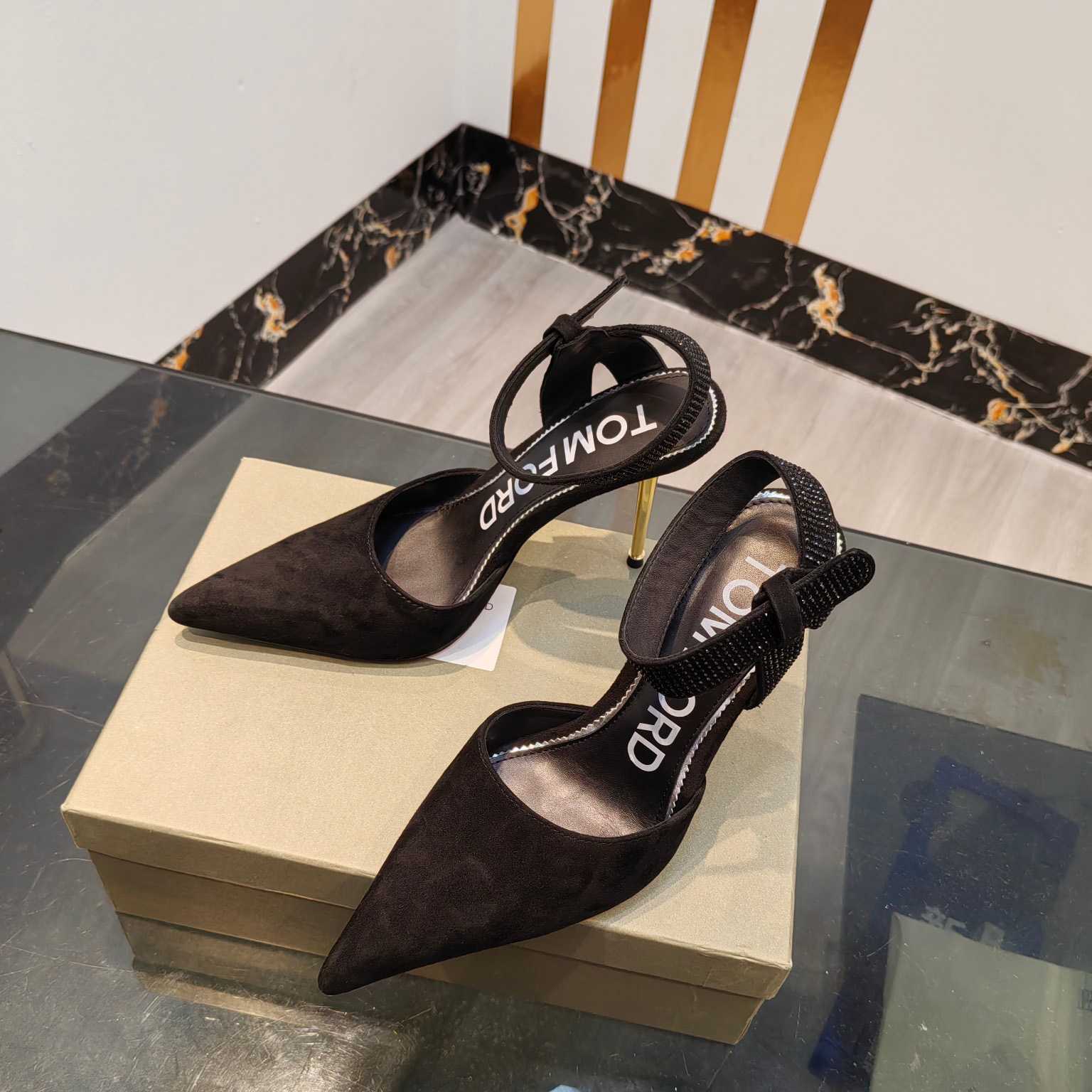 Tom Ford Asymmetric Crystal Ankle Strap Pumps - 