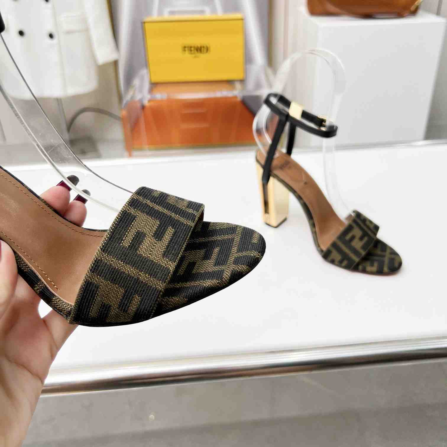 Fendi Delfina Brown Fabric High-heeled Sandals - PerfectKickZ