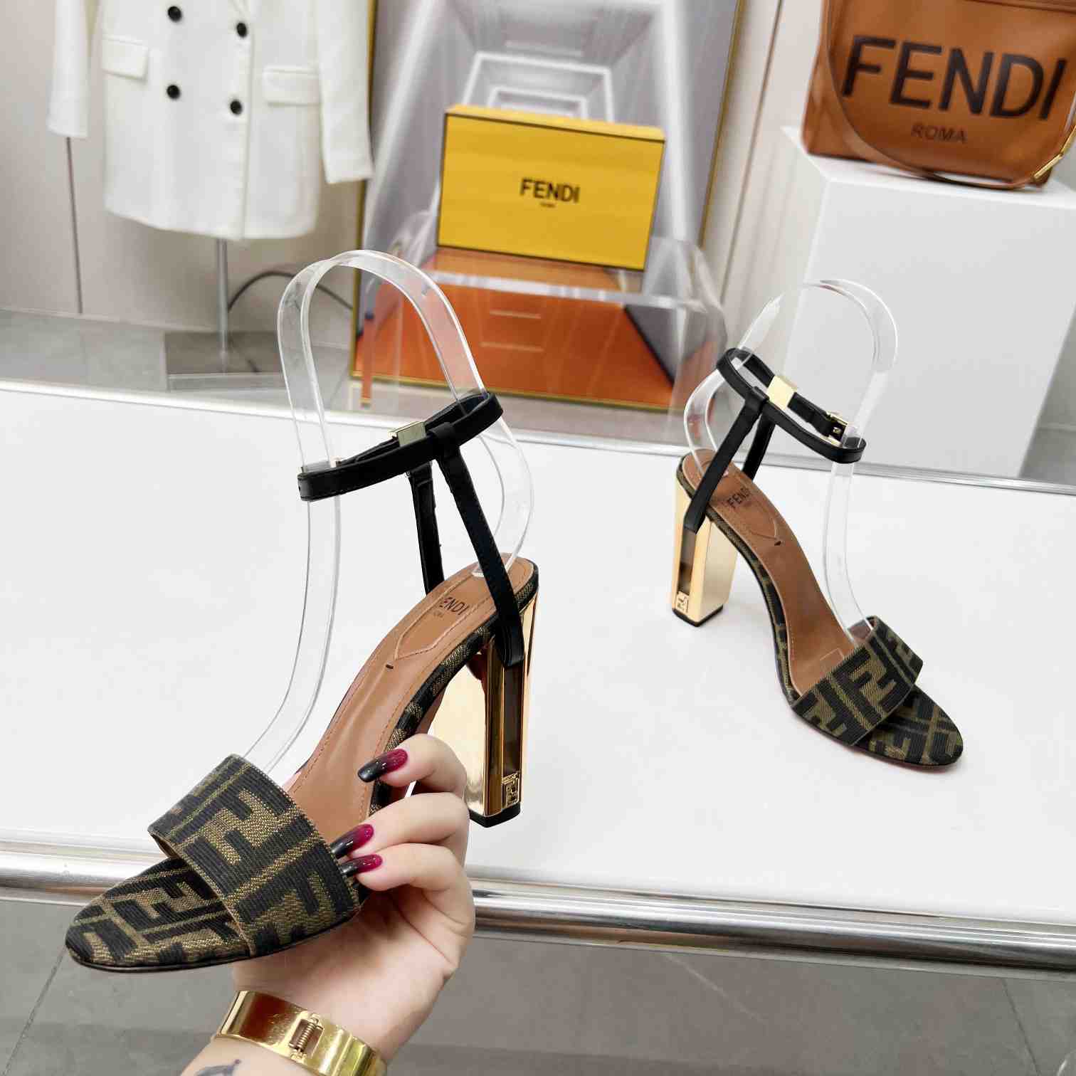 Fendi Delfina Brown Fabric High-heeled Sandals - PerfectKickZ