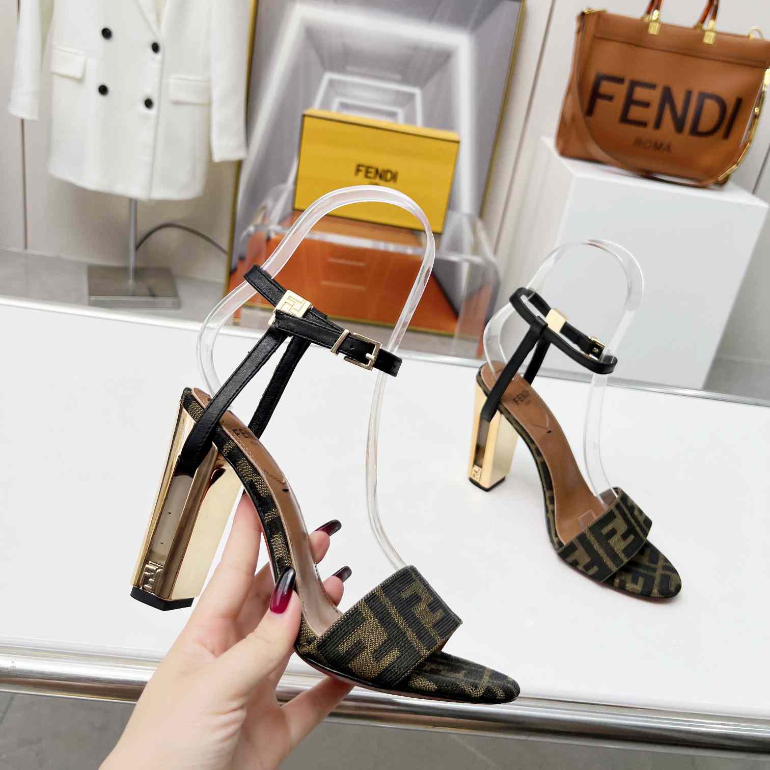 Fendi Delfina Brown Fabric High-heeled Sandals - PerfectKickZ