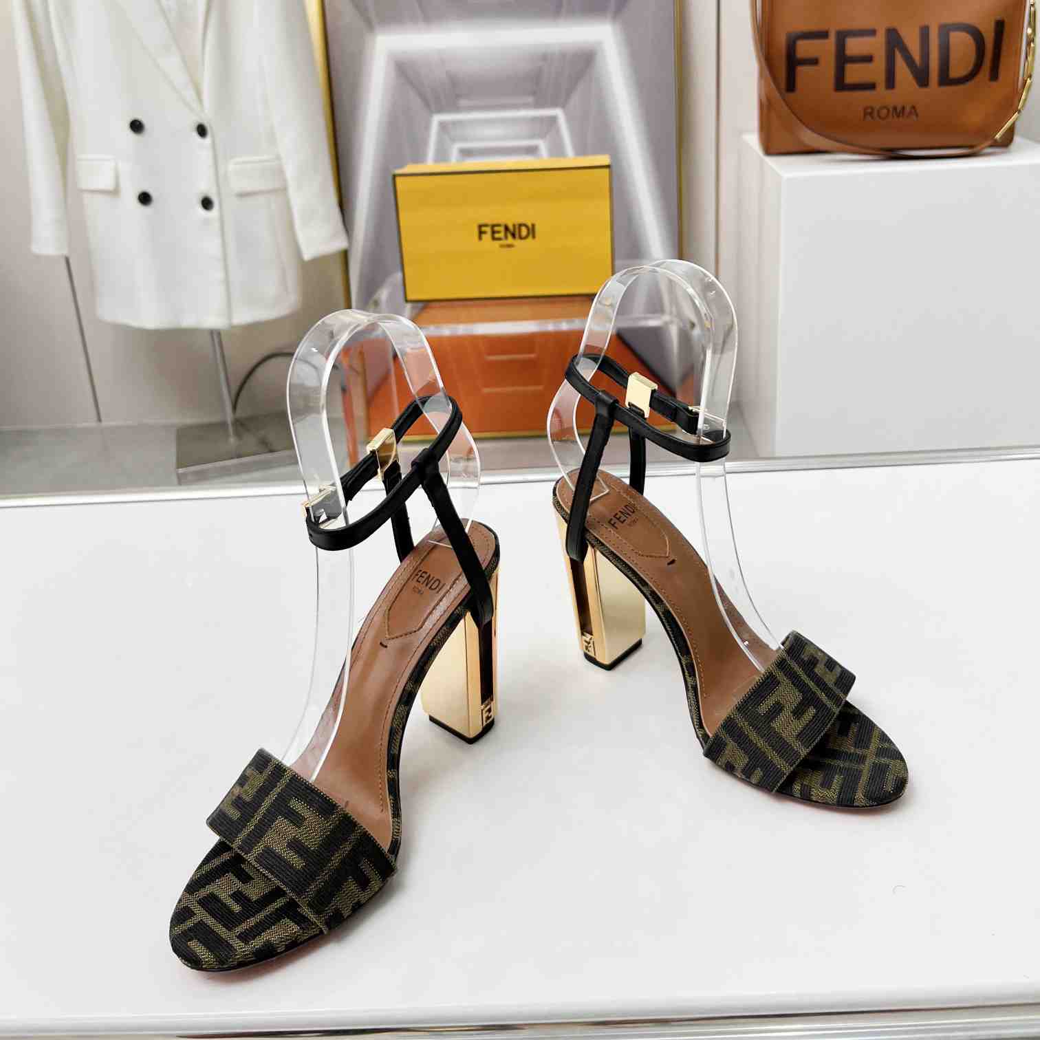 Fendi Delfina Brown Fabric High-heeled Sandals - PerfectKickZ
