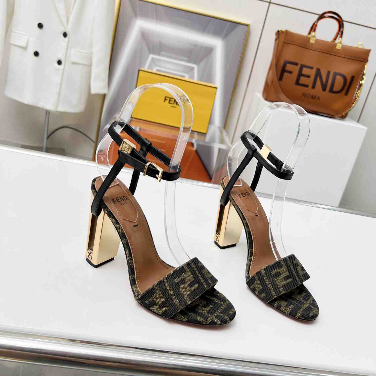 Fendi Delfina Brown Fabric High-heeled Sandals - PerfectKickZ