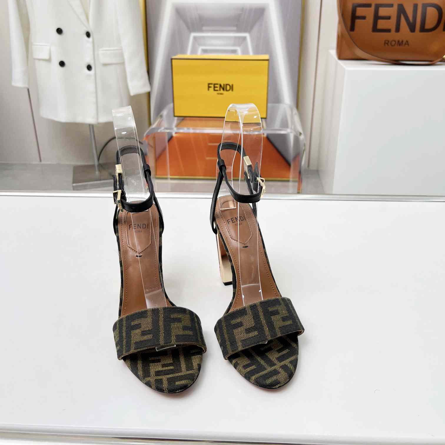 Fendi Delfina Brown Fabric High-heeled Sandals - PerfectKickZ