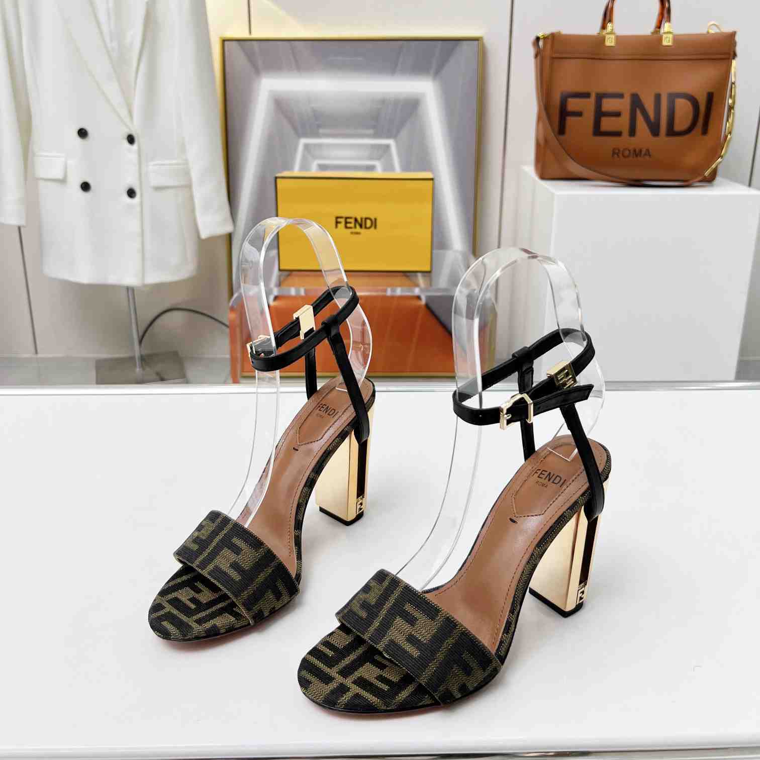 Fendi Delfina Brown Fabric High-heeled Sandals - PerfectKickZ