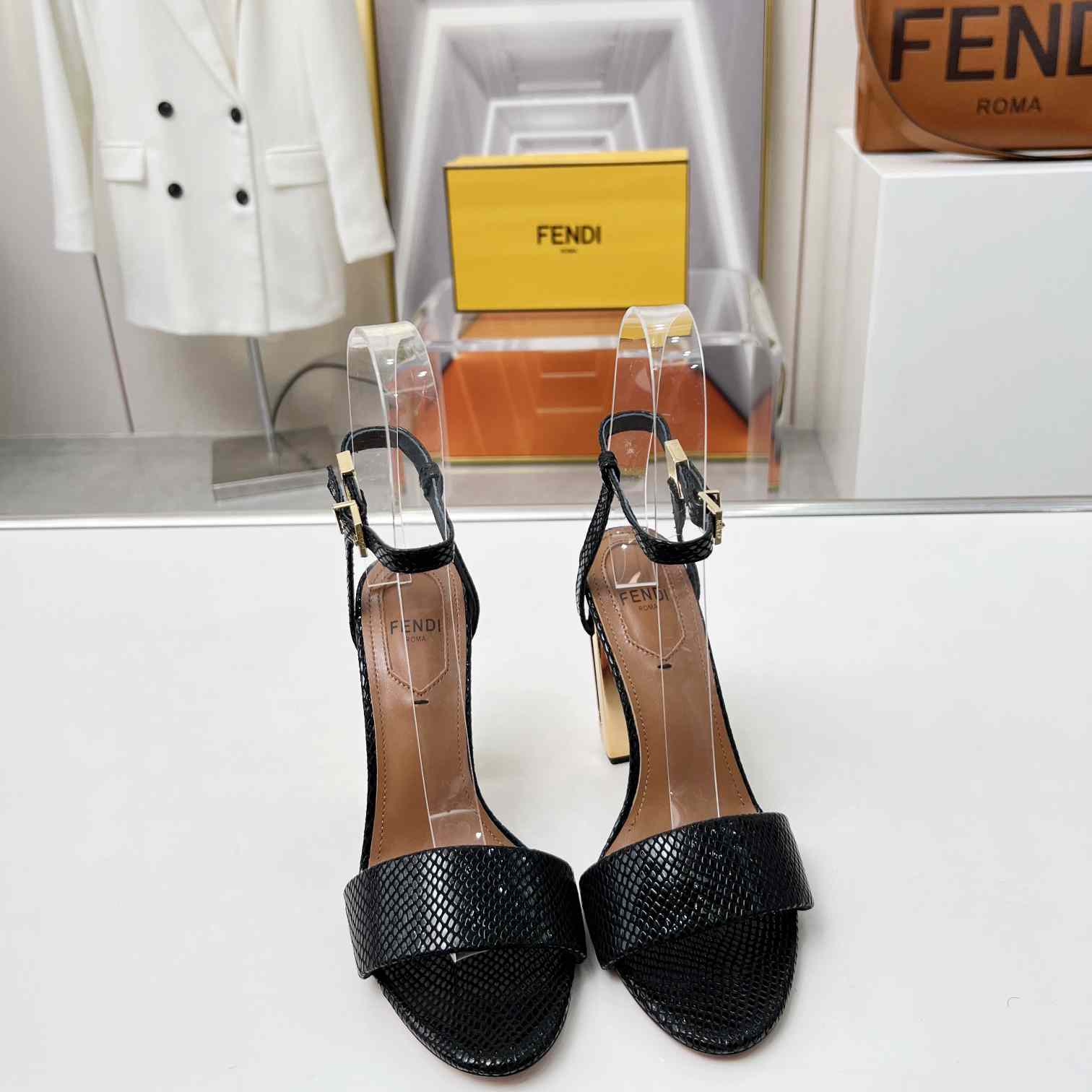 Fendi Delfina Black karung High-heeled Sandals - PerfectKickZ