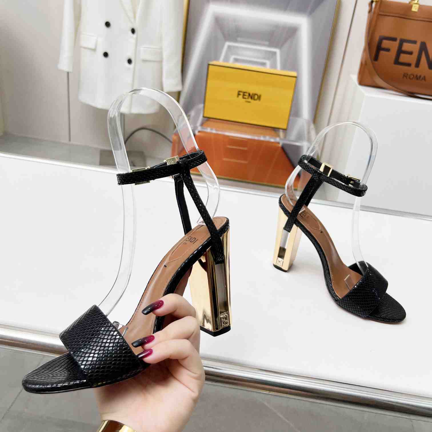 Fendi Delfina Black karung High-heeled Sandals - PerfectKickZ