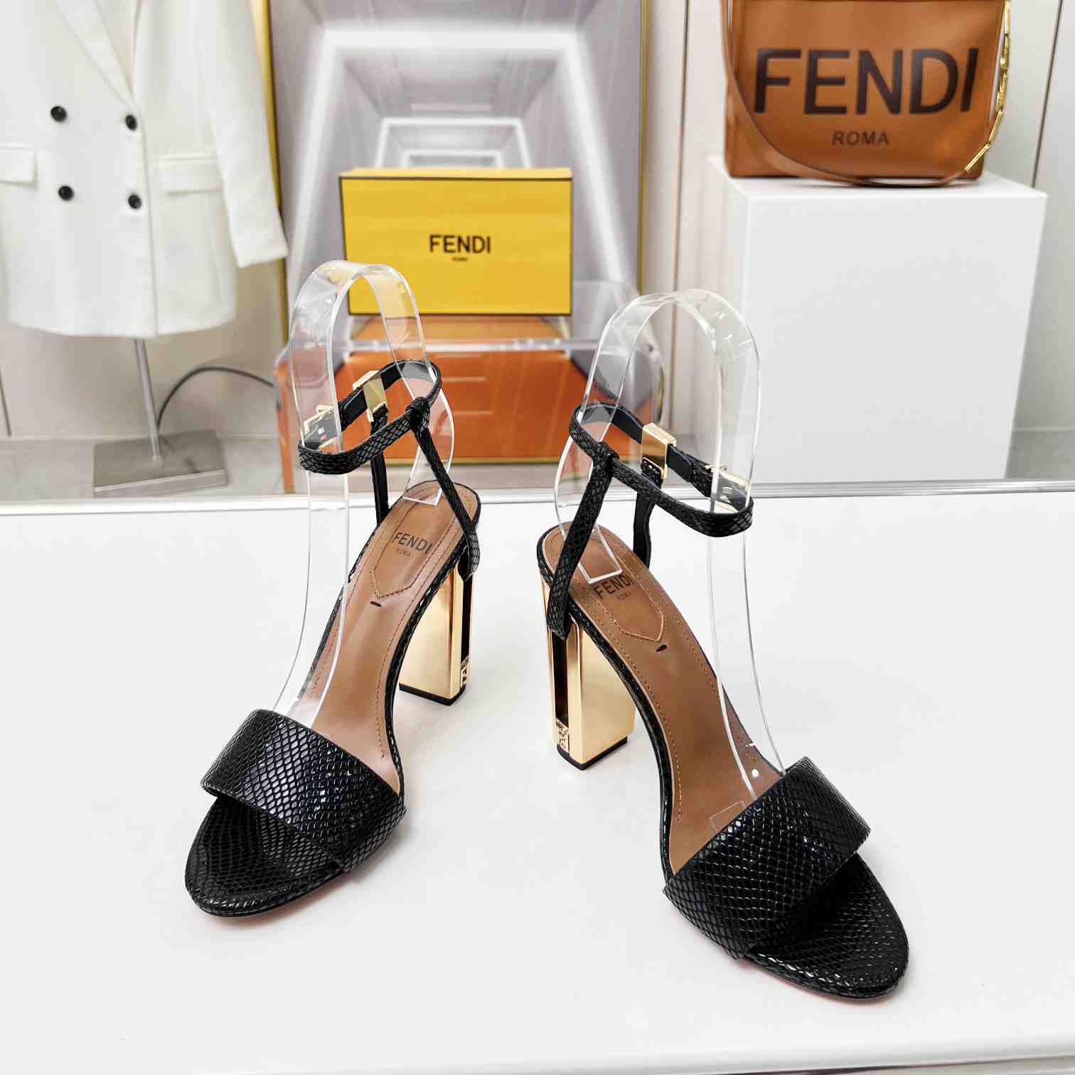 Fendi Delfina Black karung High-heeled Sandals - PerfectKickZ