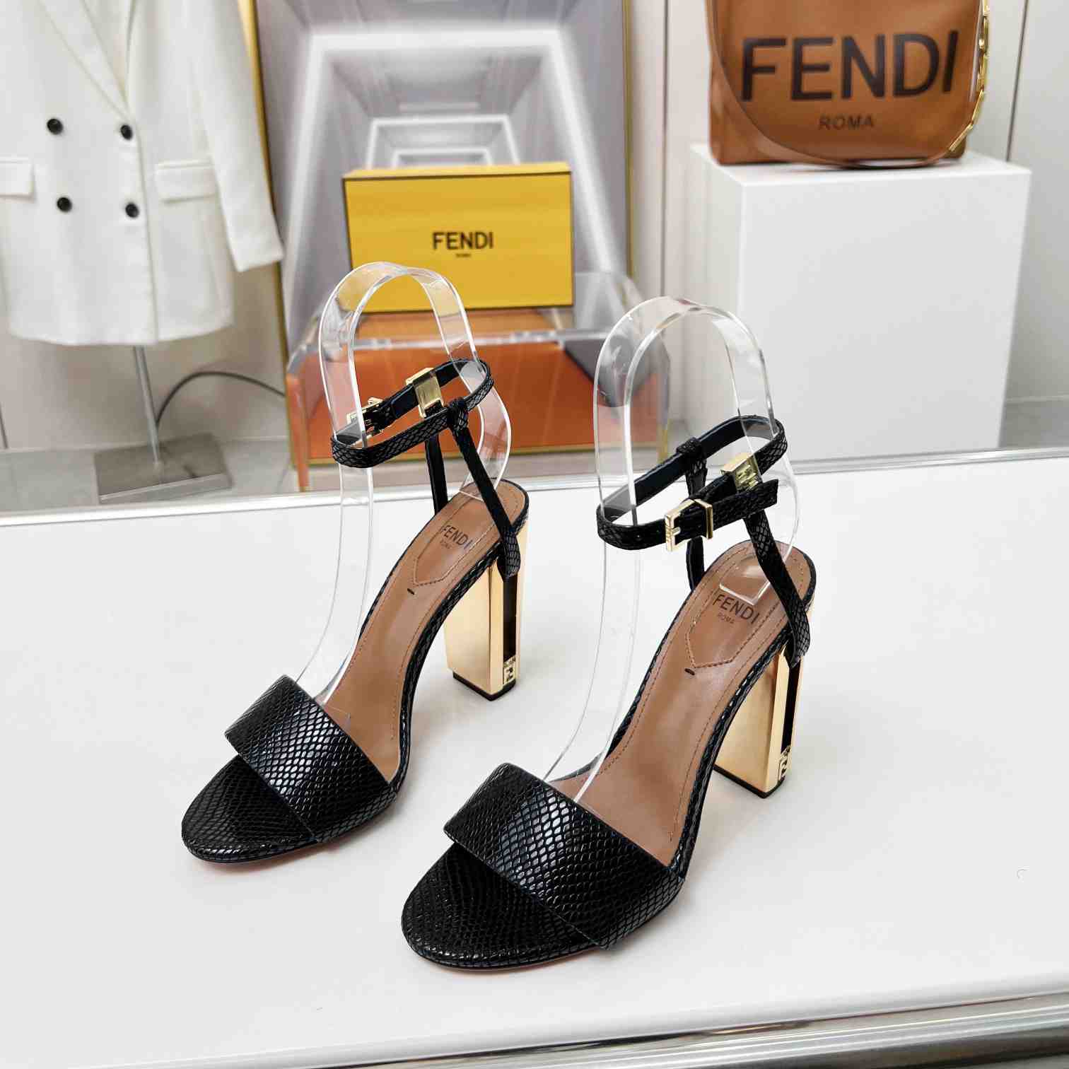 Fendi Delfina Black karung High-heeled Sandals - PerfectKickZ