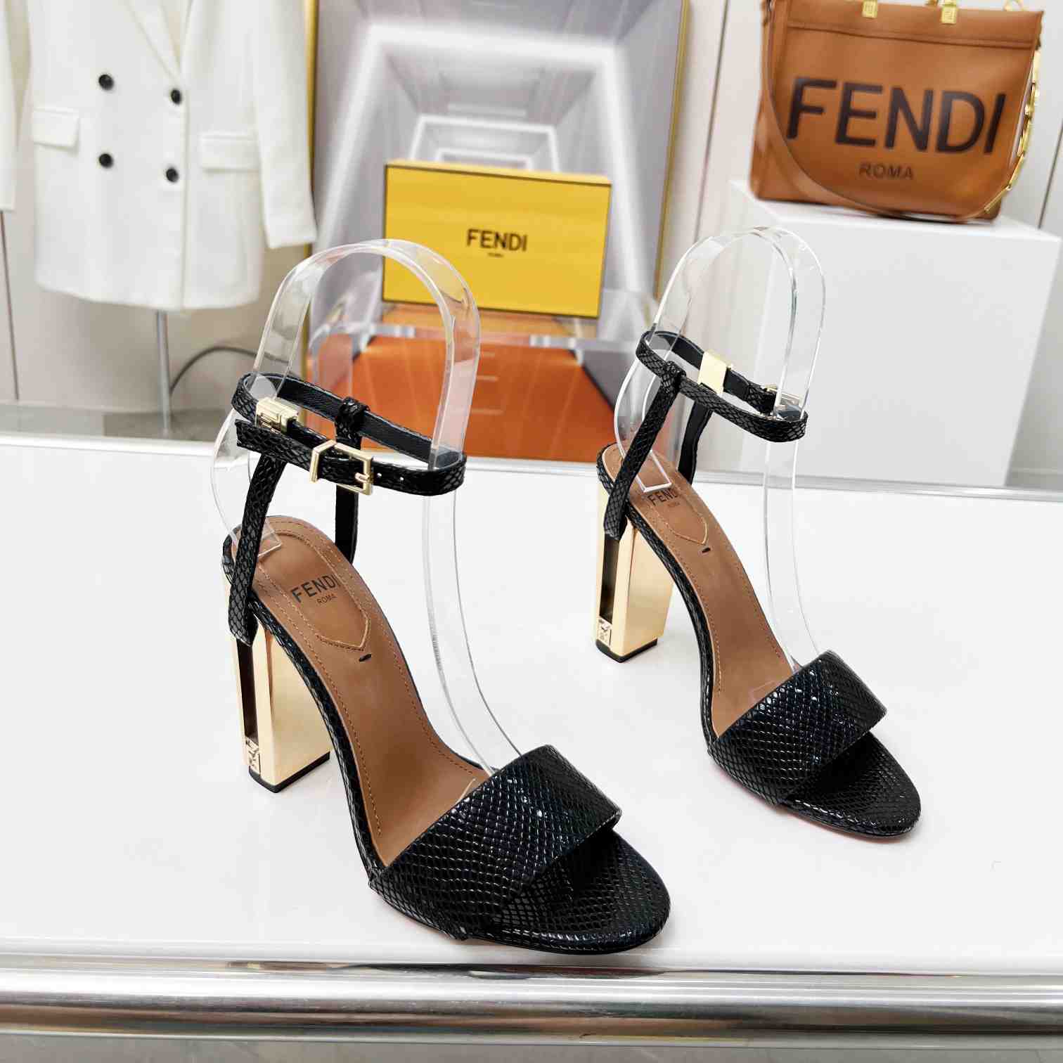 Fendi Delfina Black karung High-heeled Sandals - PerfectKickZ