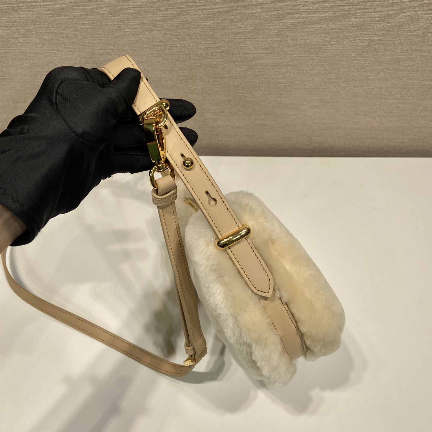Prada Arqué Shearling And Leather Shoulder Bag - PerfectKickZ
