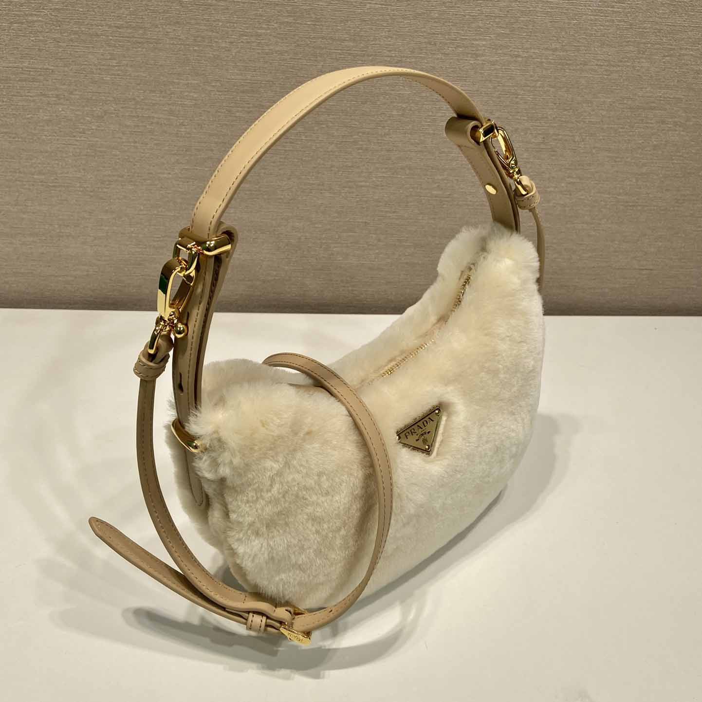 Prada Arqué Shearling And Leather Shoulder Bag - PerfectKickZ