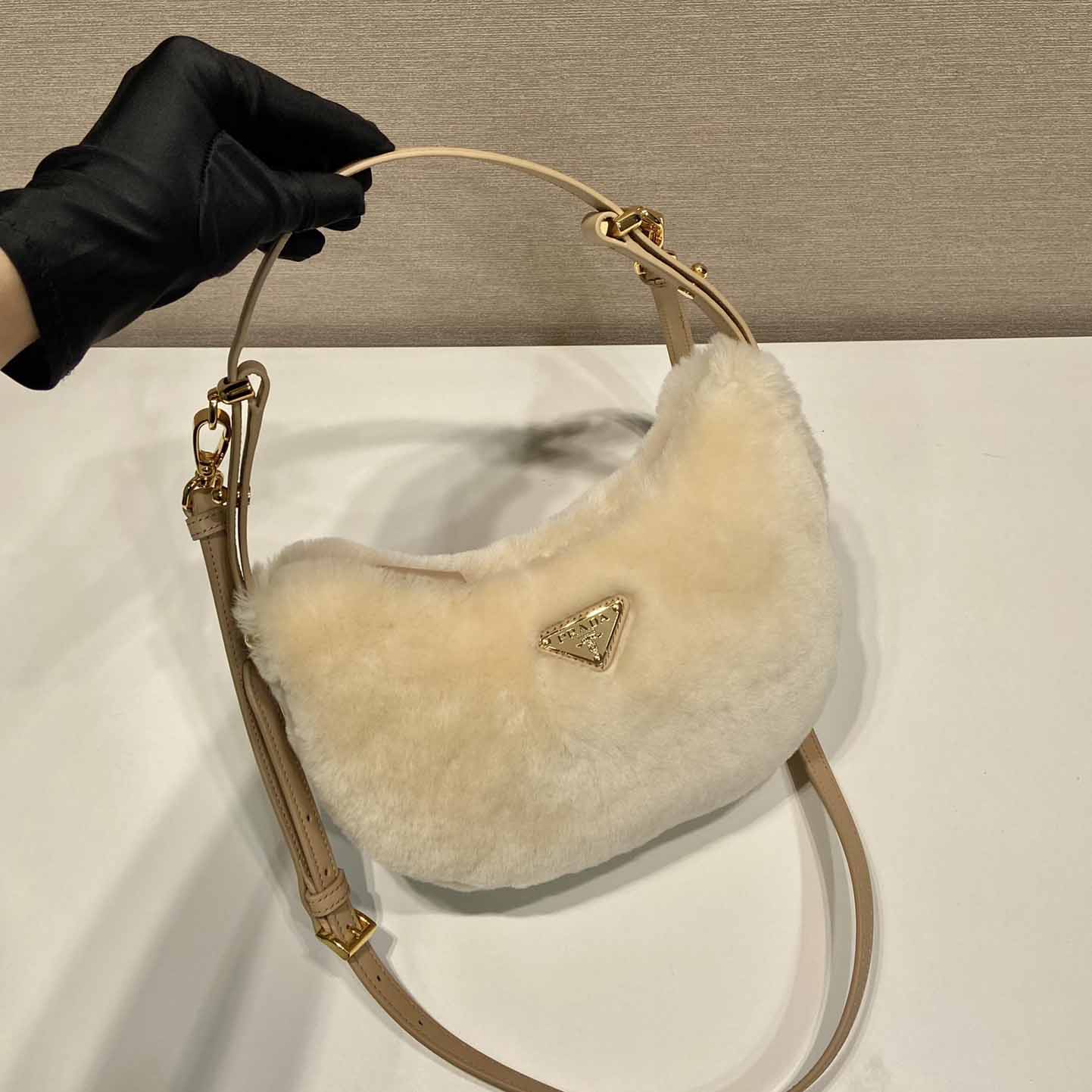 Prada Arqué Shearling And Leather Shoulder Bag - PerfectKickZ