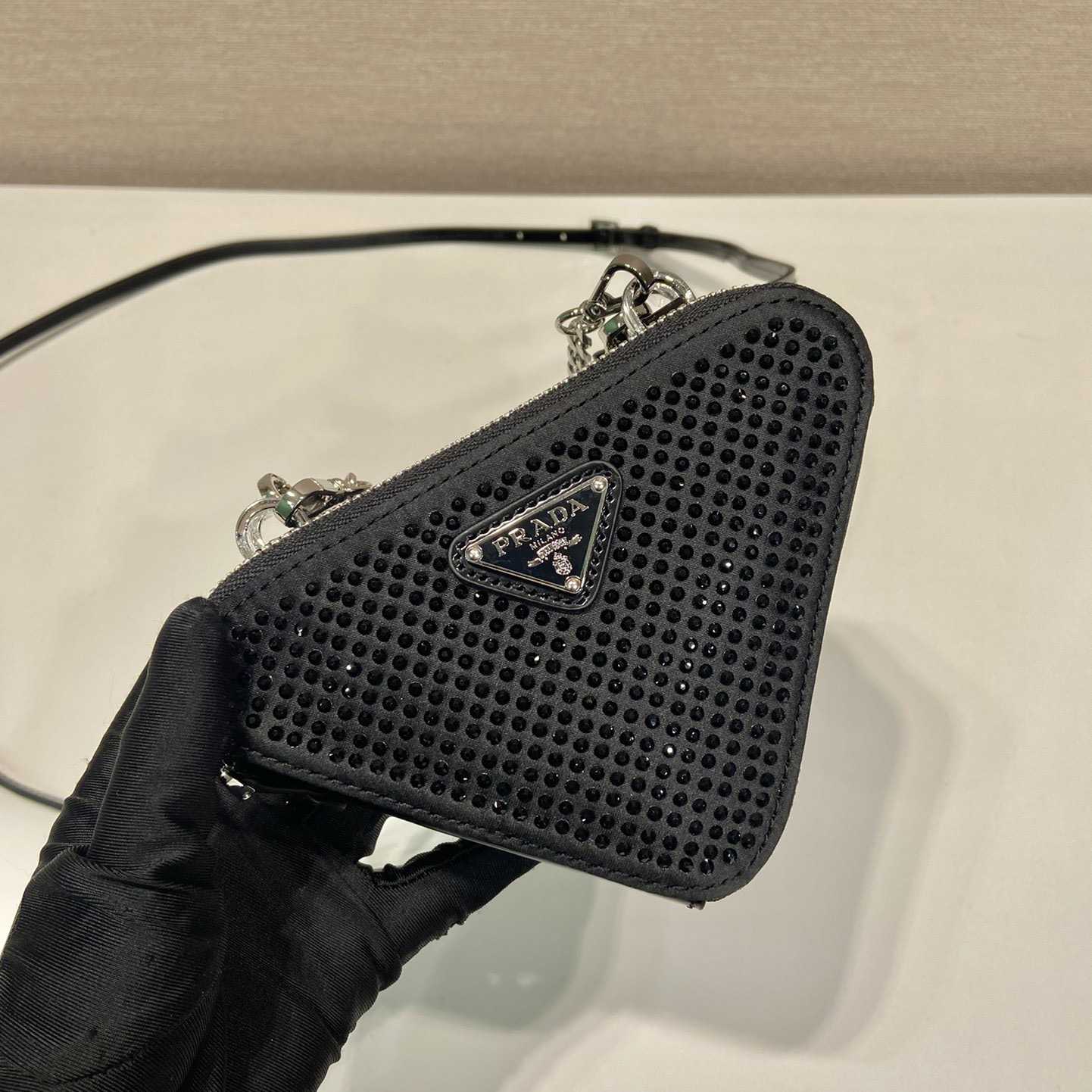 Prada Triangular Embellished Satin And Leather Mini-pouch - PerfectKickZ