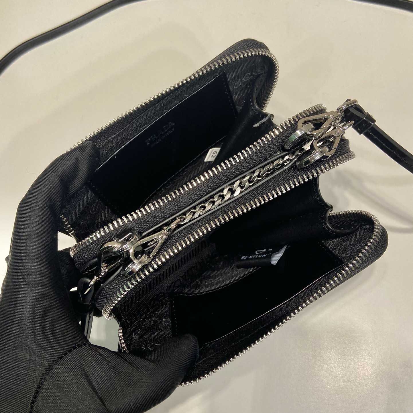 Prada Triangular Embellished Satin And Leather Mini-pouch - PerfectKickZ