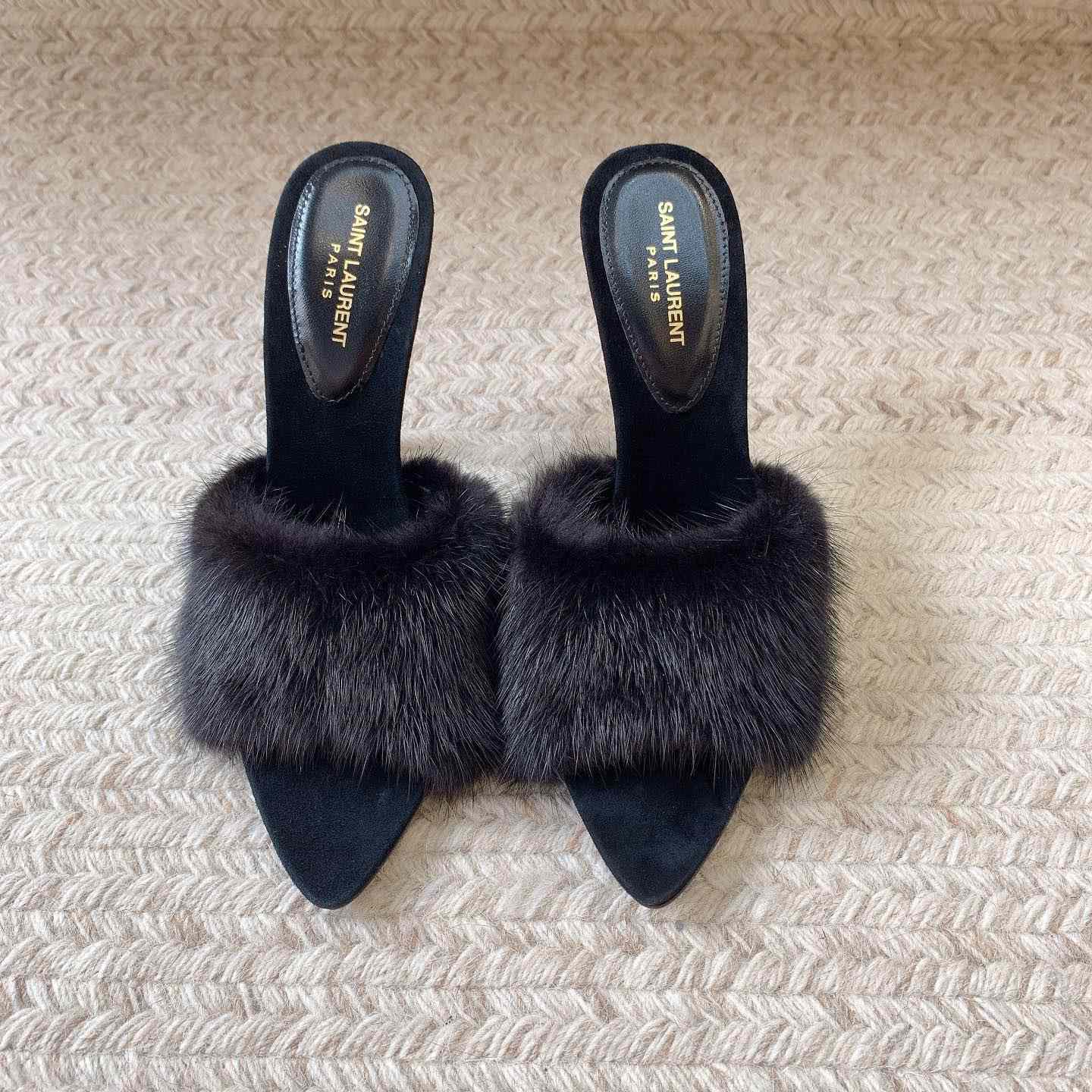 Saint Laurent LA 16 Mules In Animal-Free Fur And Suede  - PerfectKickZ