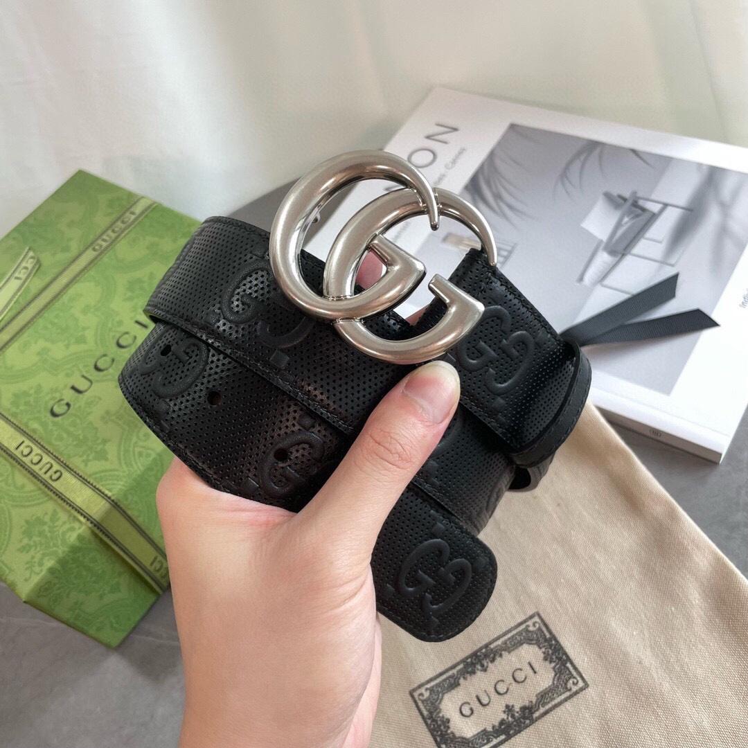 Gucci Double G Buckle Embossed Leather Belt - PerfectKickZ