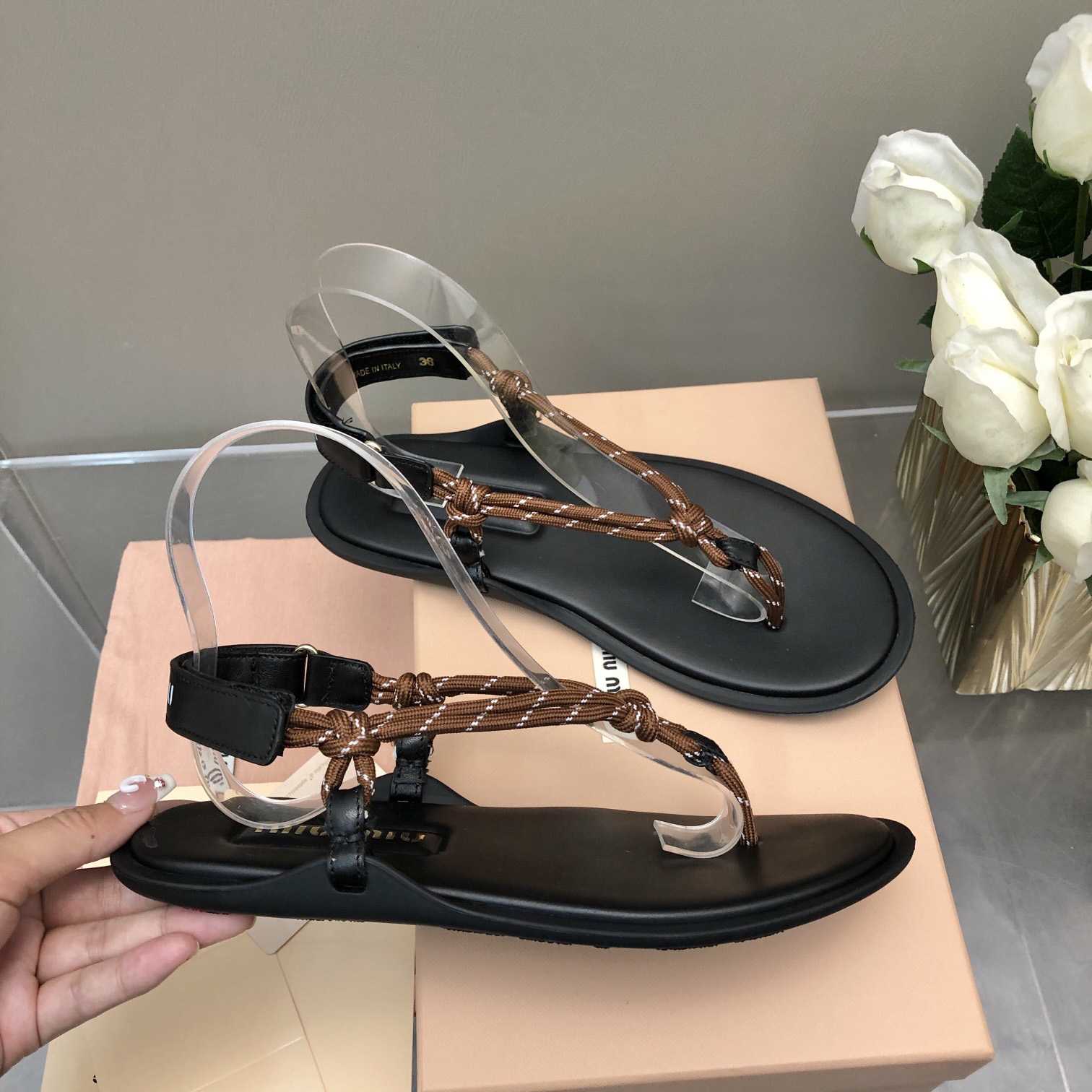 Miu Miu Riviere Cord And Leather Sandals - PerfectKickZ