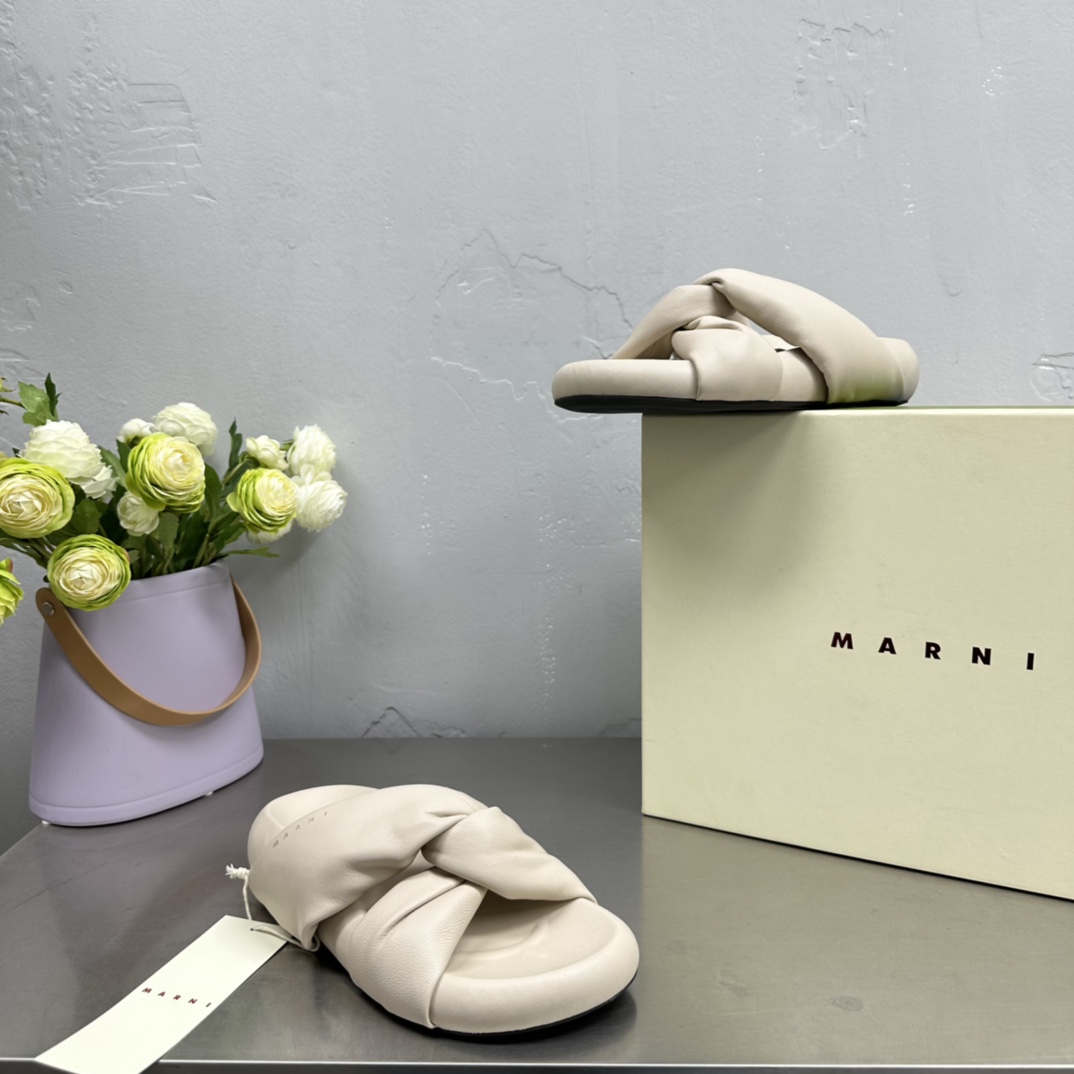 Marni Ivory Twisted Leather Bubble Sandal - PerfectKickZ