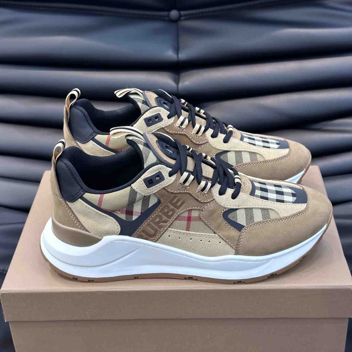 Burberry Beige Leather And Check Print Trainer - PerfectKickZ