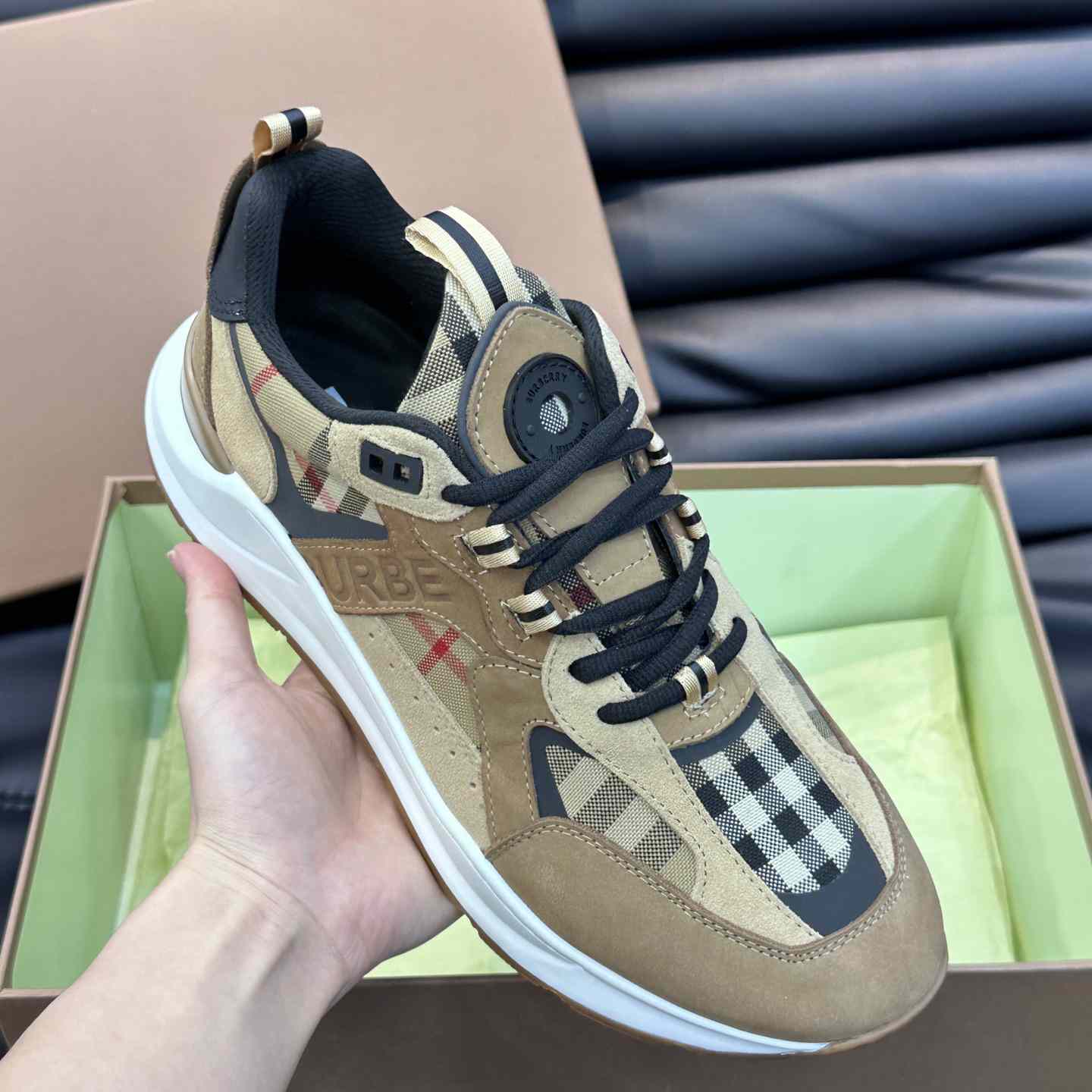 Burberry Beige Leather And Check Print Trainer - PerfectKickZ
