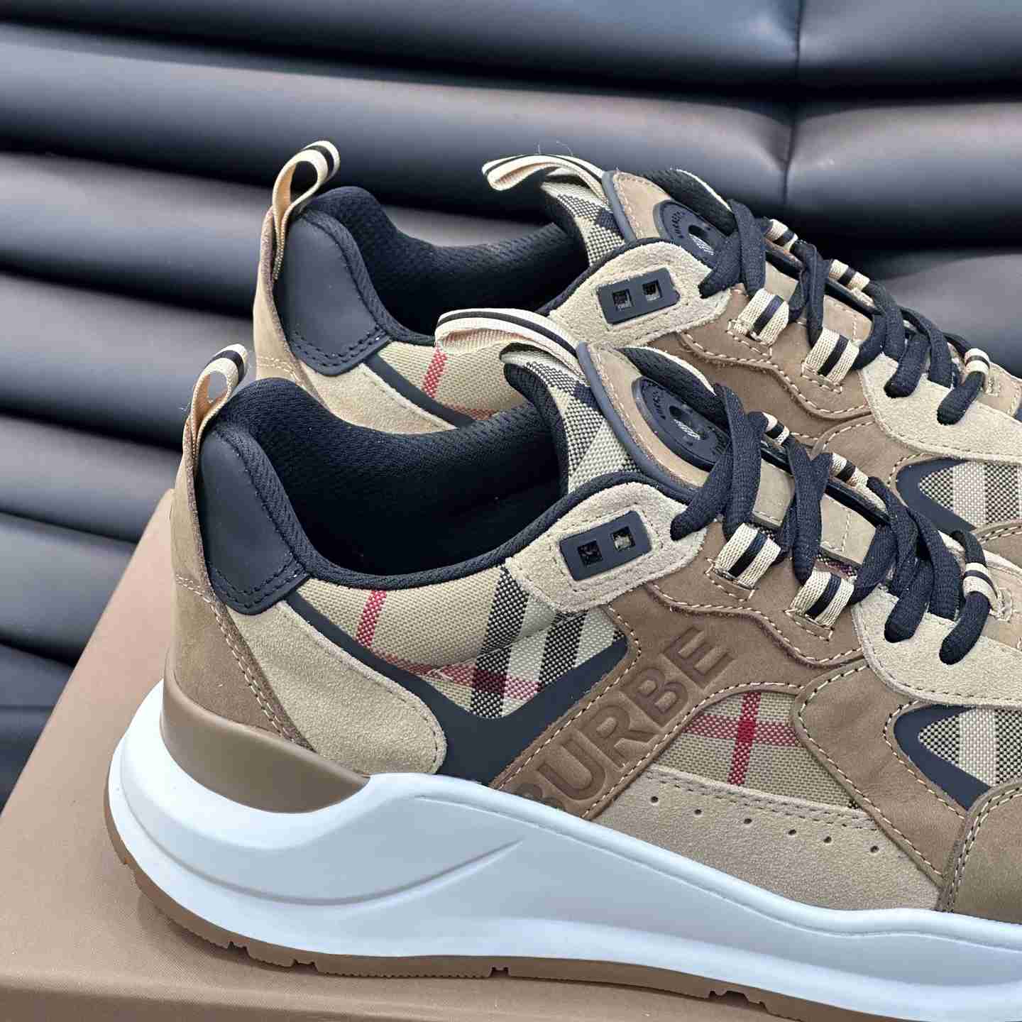 Burberry Beige Leather And Check Print Trainer - PerfectKickZ