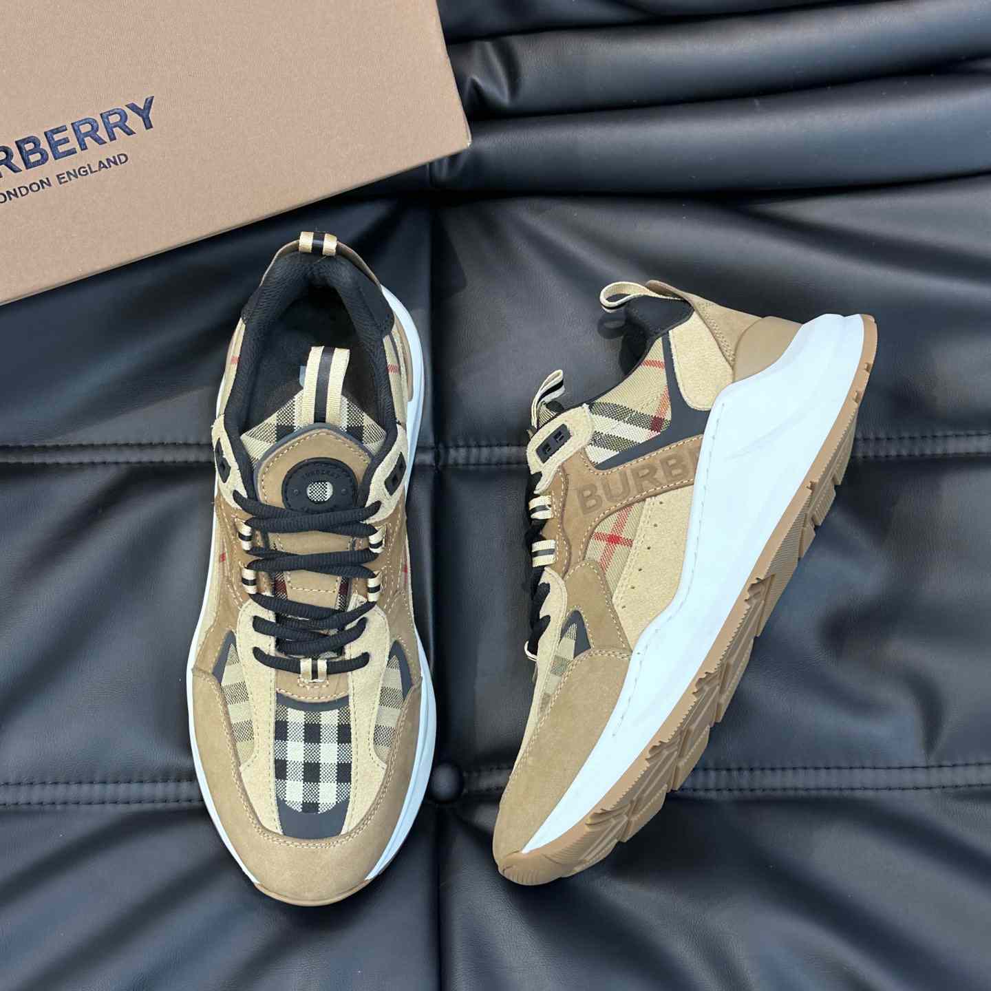 Burberry Beige Leather And Check Print Trainer - PerfectKickZ