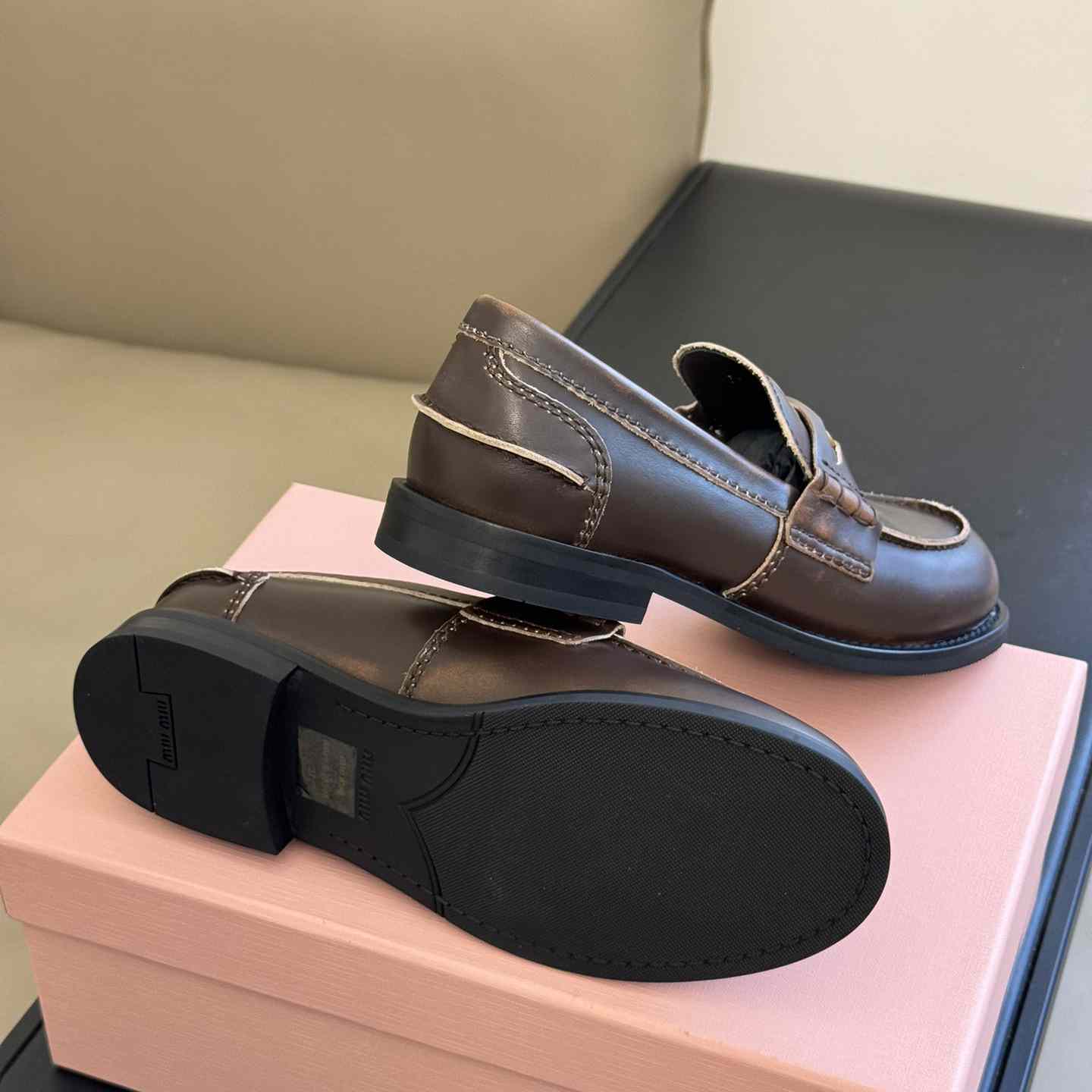 Miu Miu Vintage-effect Leather Penny Loafers - PerfectKickZ