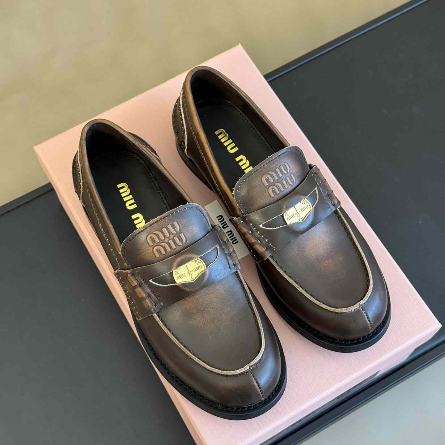 Miu Miu Vintage-effect Leather Penny Loafers - PerfectKickZ