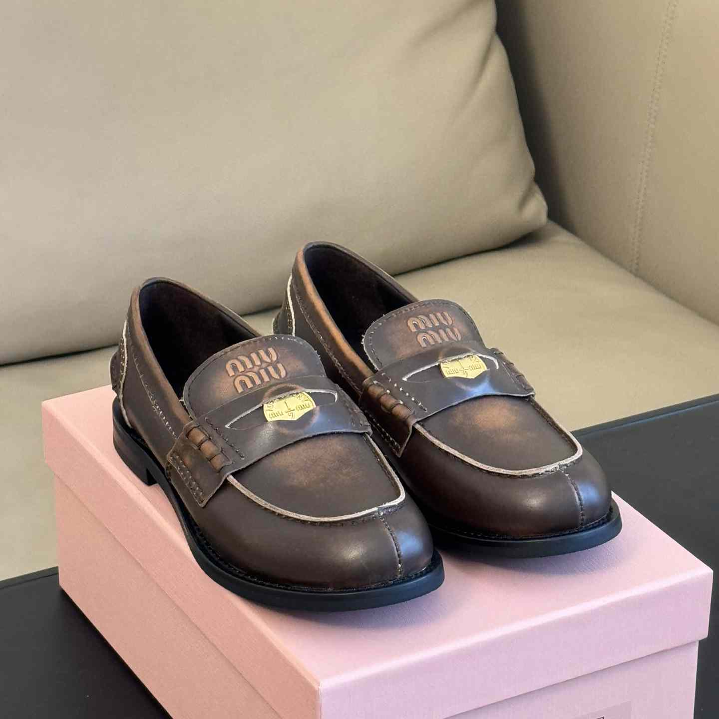 Miu Miu Vintage-effect Leather Penny Loafers - PerfectKickZ