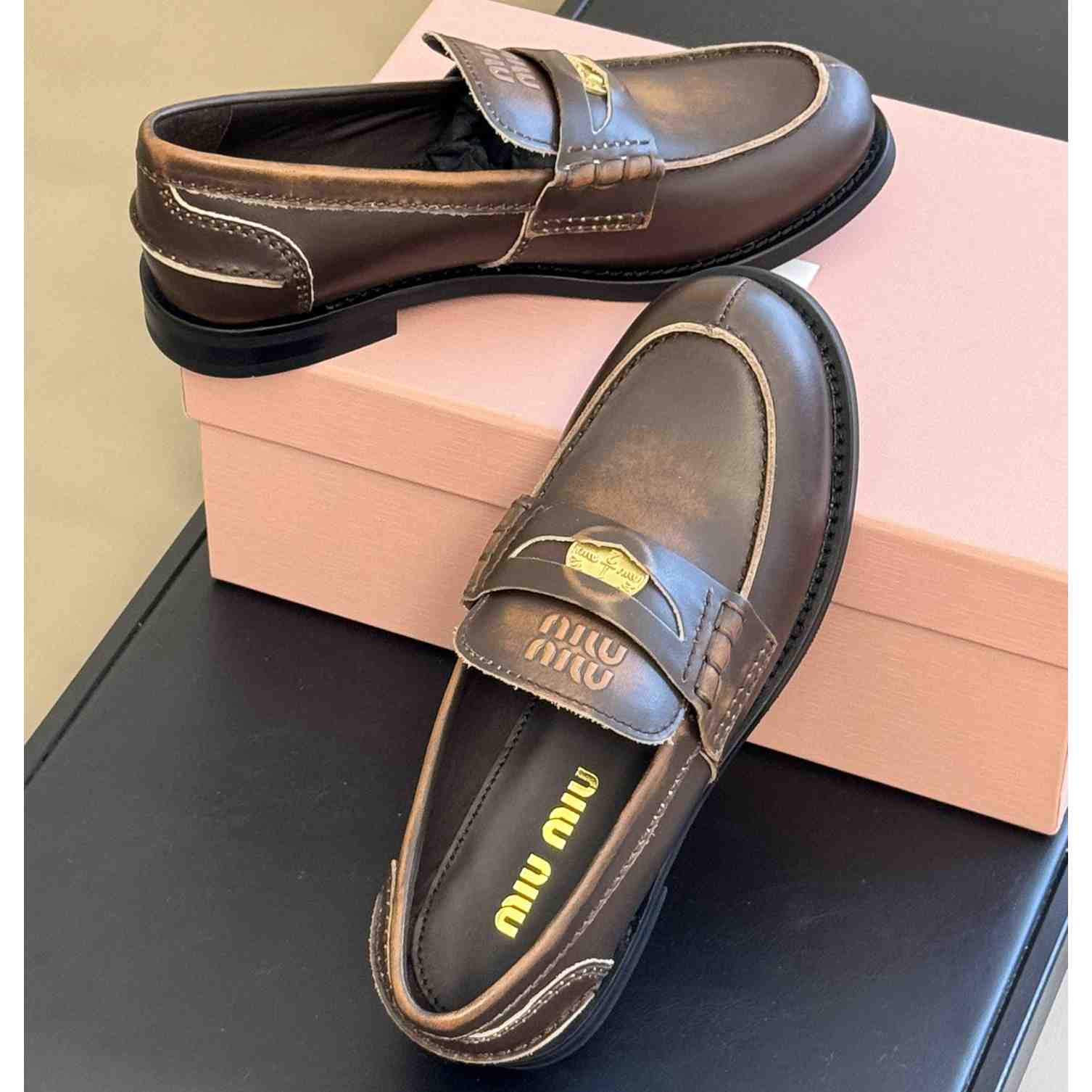 Miu Miu Vintage-effect Leather Penny Loafers - PerfectKickZ