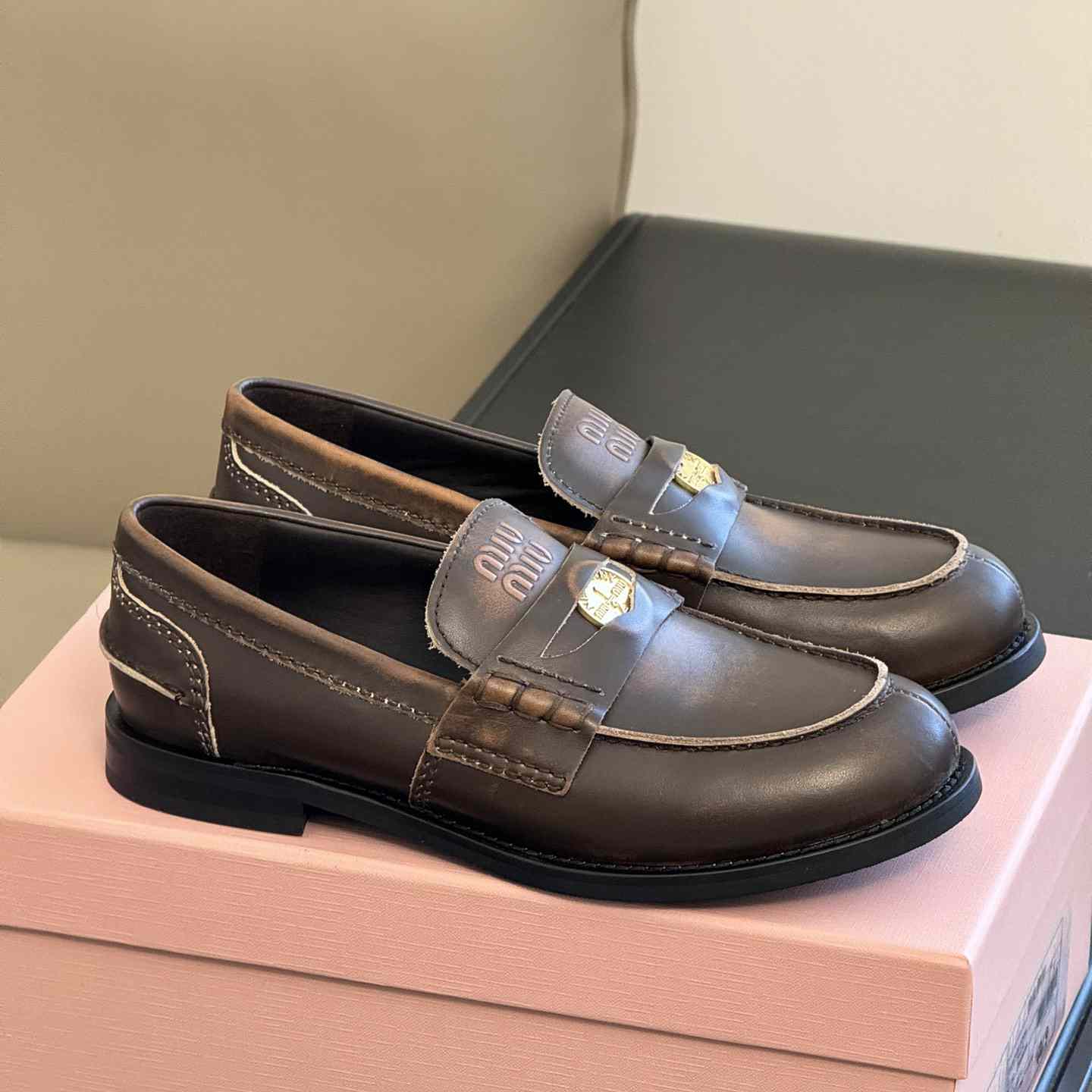 Miu Miu Vintage-effect Leather Penny Loafers - PerfectKickZ