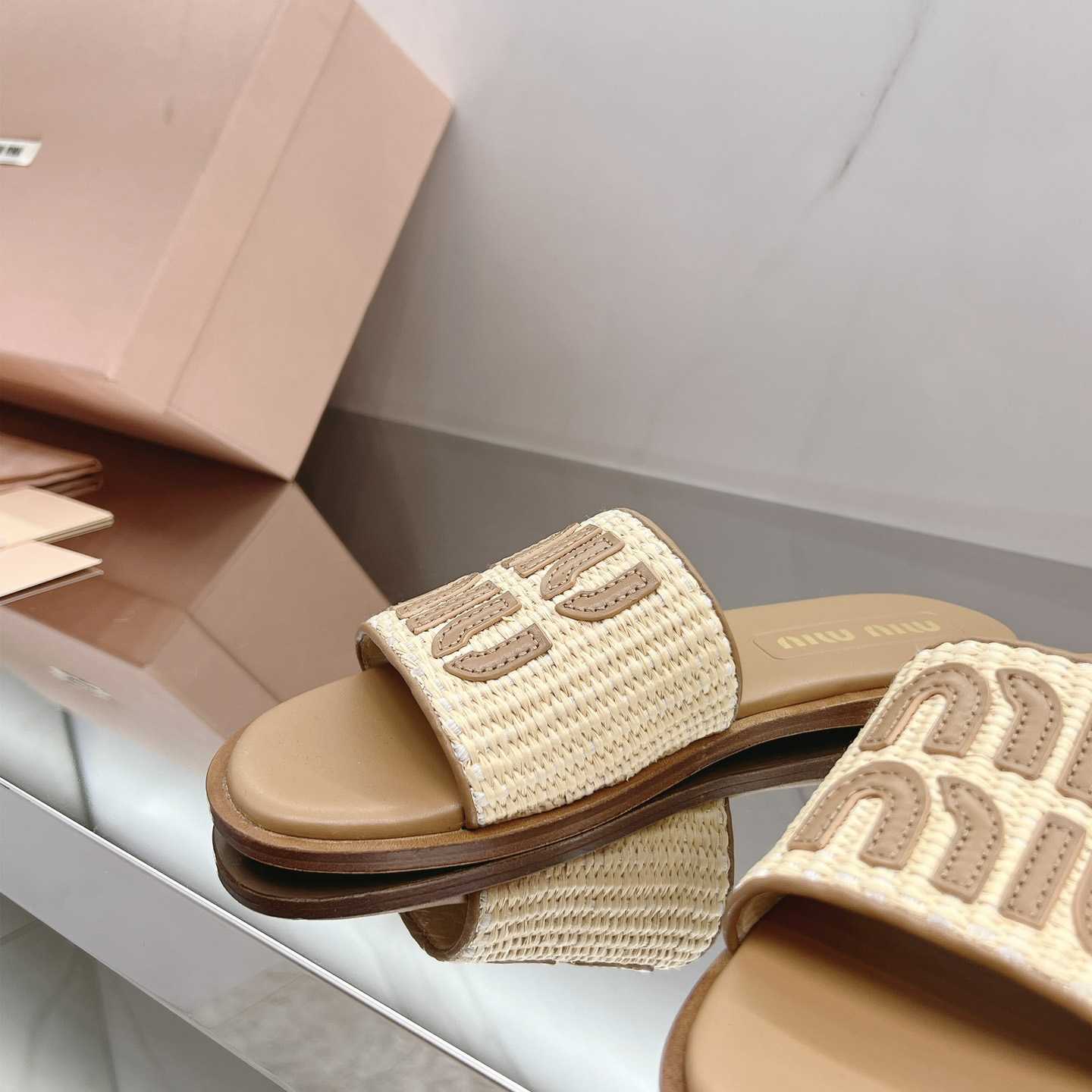 Miu Miu Raffia-effect Woven Fabric Slides - PerfectKickZ