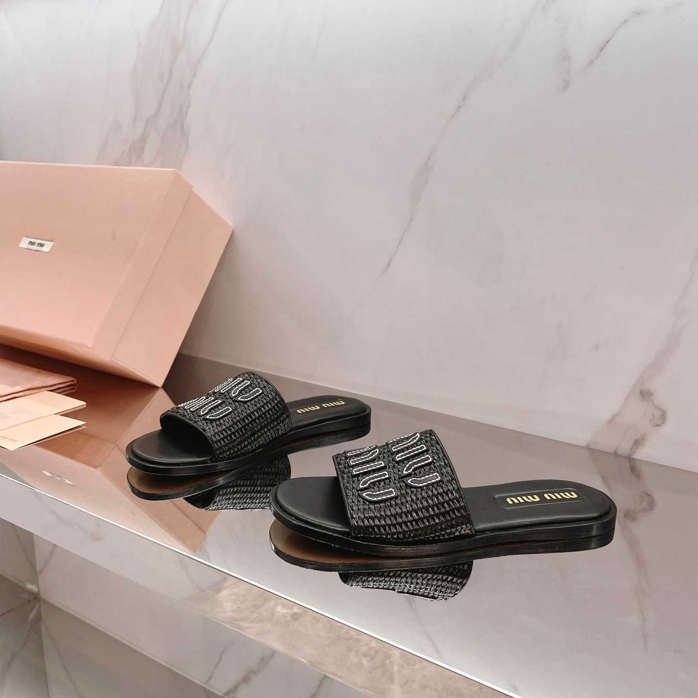 Miu Miu Raffia-effect Woven Fabric Slides - PerfectKickZ