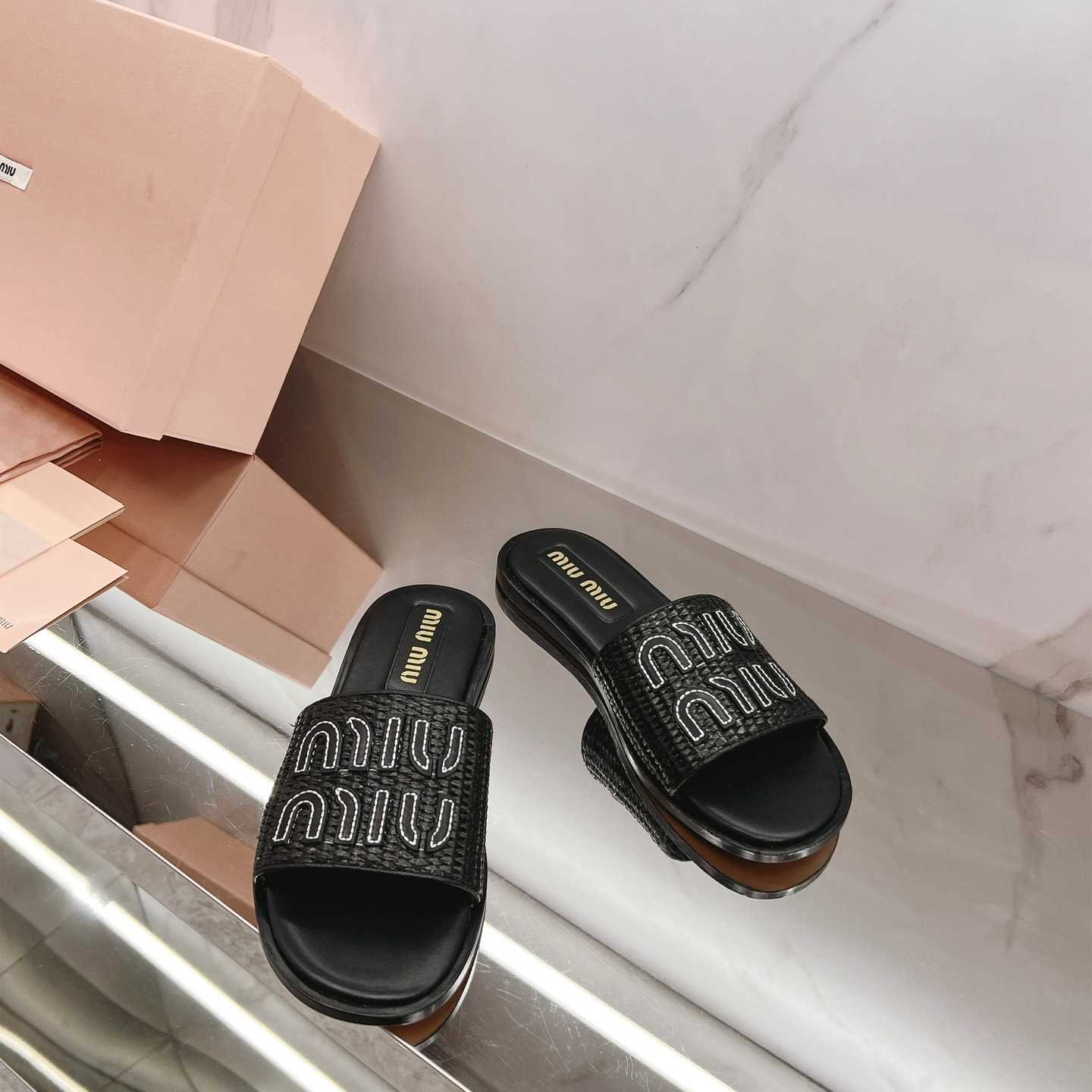 Miu Miu Raffia-effect Woven Fabric Slides - 
